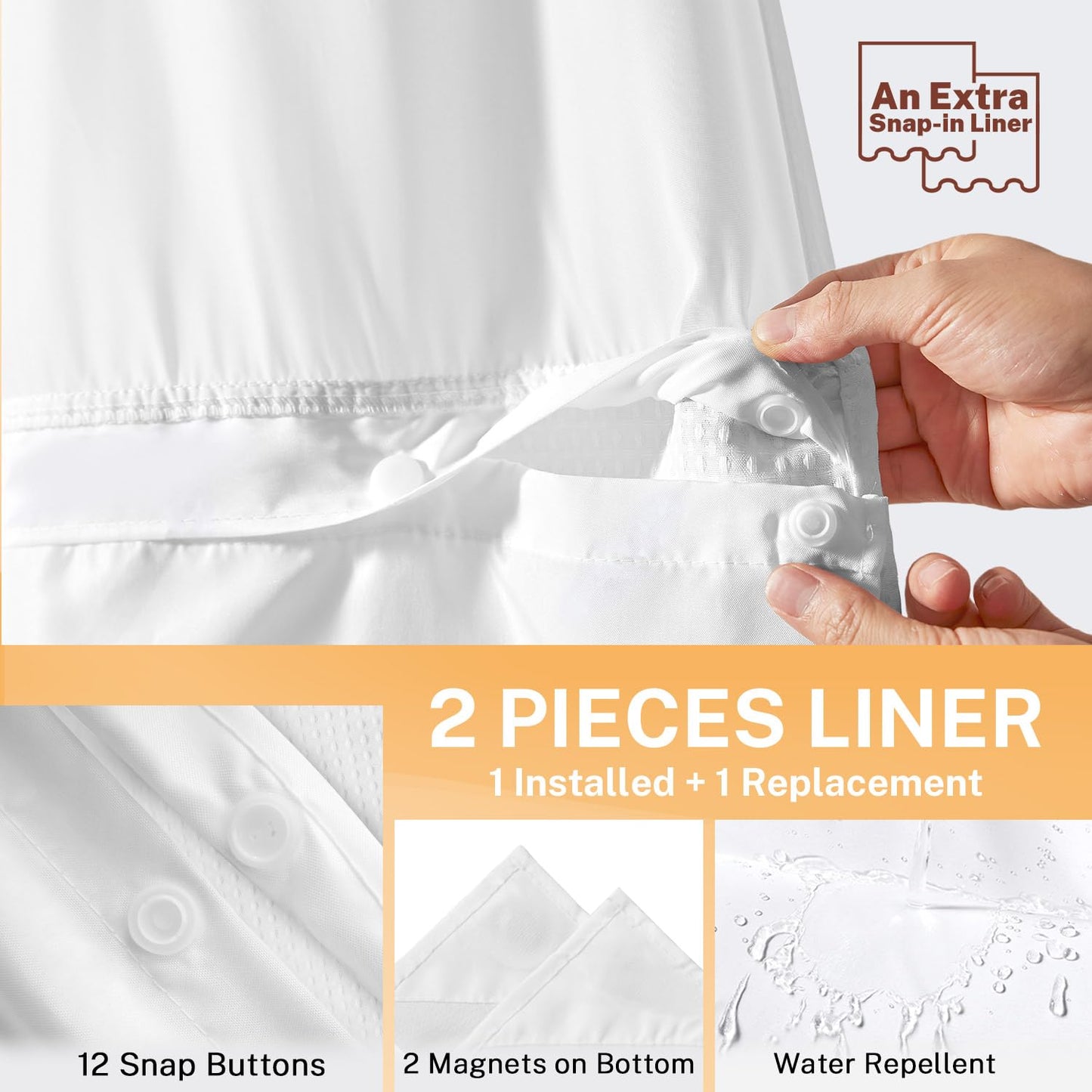 River Dream No Hooks Waffle Weave Shower Curtain with Snap in Liner + an Extra Replacement Liner，Bathroom Curtains Shower Set - 71W x 74H, Hotel Grade, Spa Like Bath Curtain, White