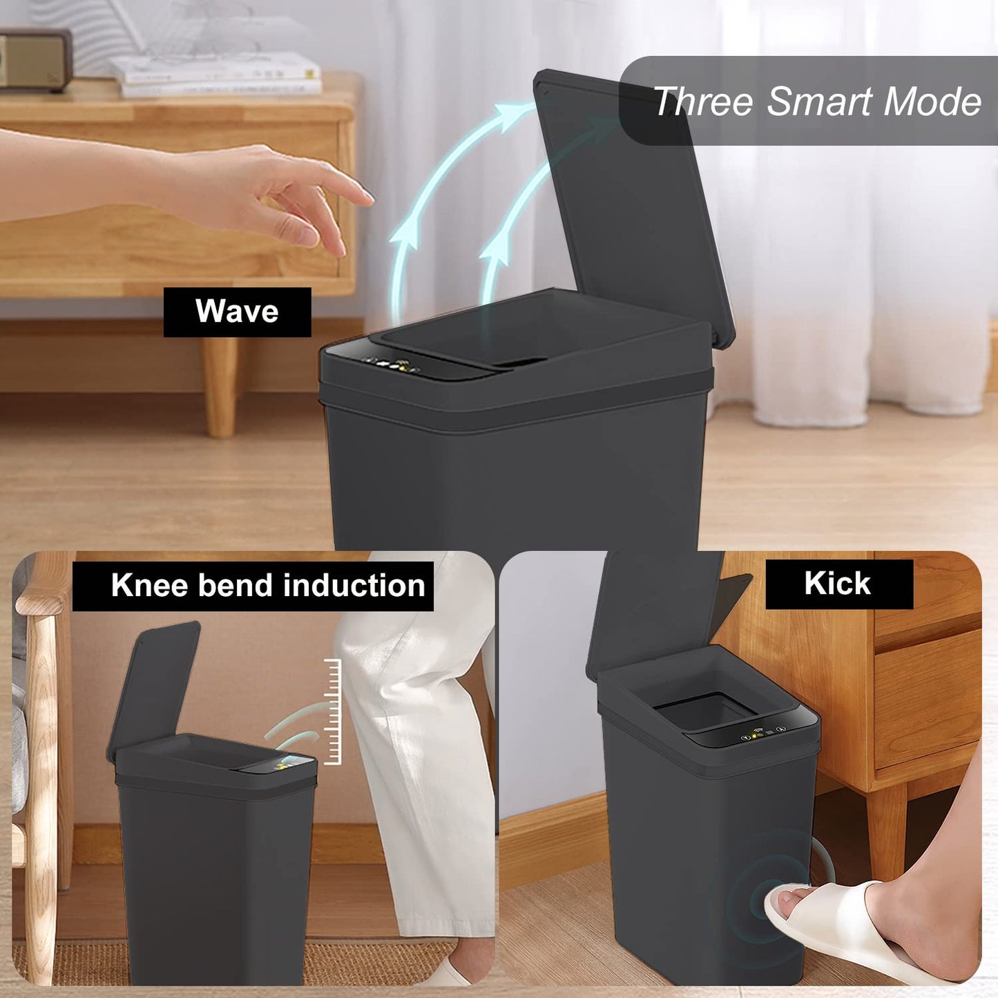 3 PACK - Bathroom Trash Can with Lid - 2.5 Gallon Automatic Trash Cans Touchless - Bedroom, Office - Small Smart Garbage Can - Electric, Narrow - Motion Sensor Trash can Bathroom ( Matte Black )