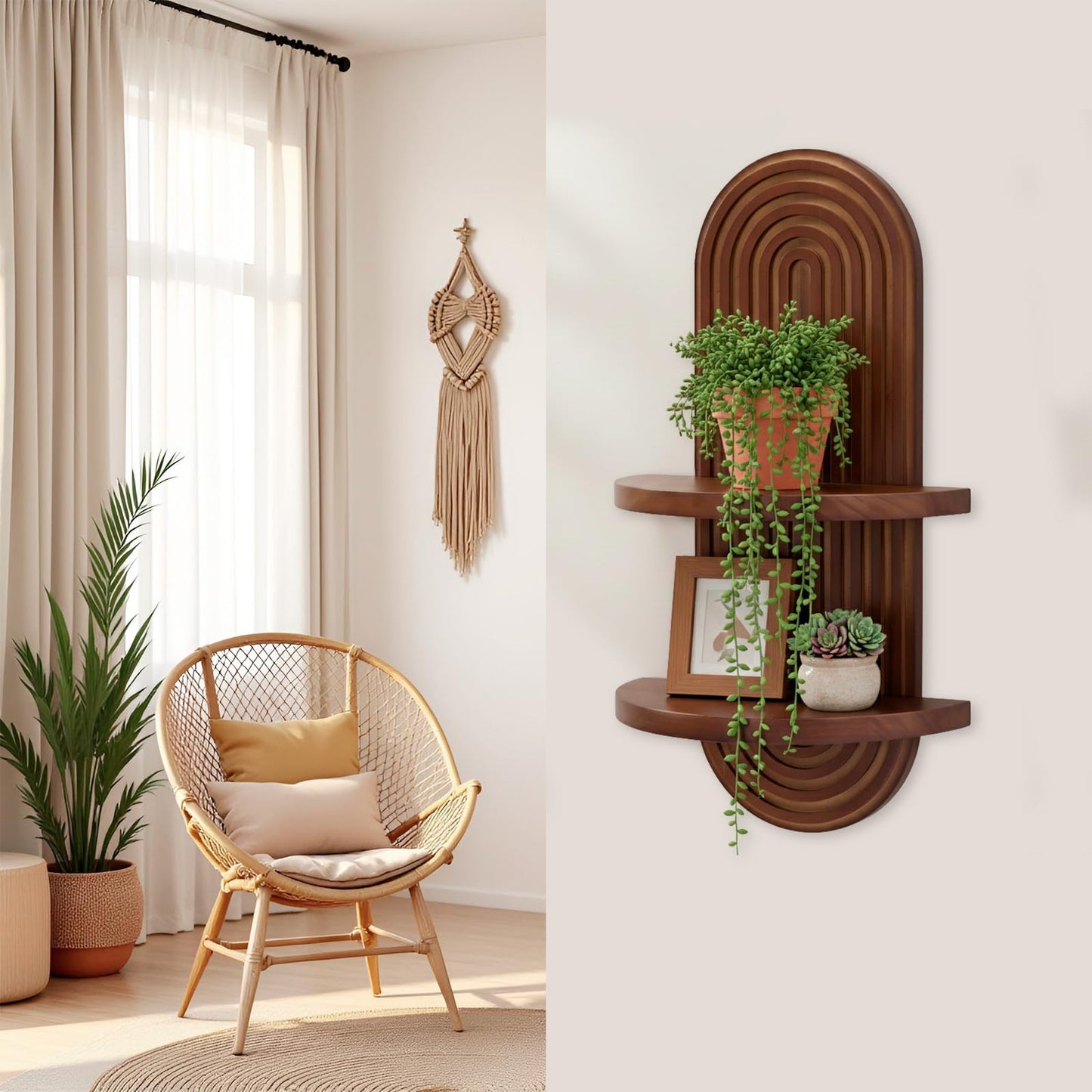 SweetSage Mordern Wall Shelf with Arched Mid Century Art Boho Decor Design Floating Shelves for Home Bedroom Living Room Farmhouse Display Wall Plant Holder Decoration, 22 x 11.8 Inch, Walnut
