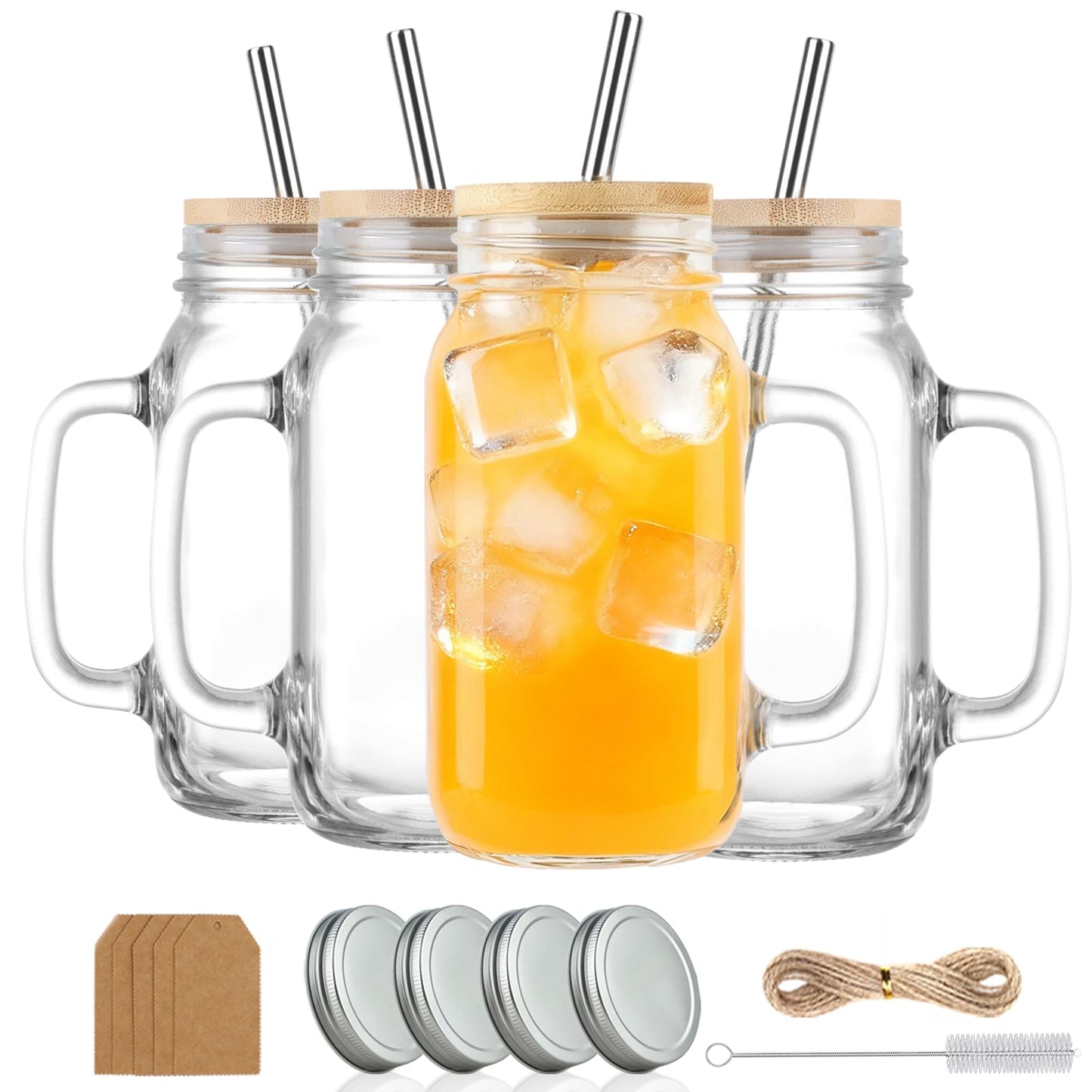 LOSANJI 24 oz Mason Jar Cups with Handles, Wide Mouth Iced Coffee Cup with Bamboo Lids & Straws, Large Glass Bottle Mug Drinking Jars Tumbler for Smoothie Cold Water Juice Party Beverages, Set of 4