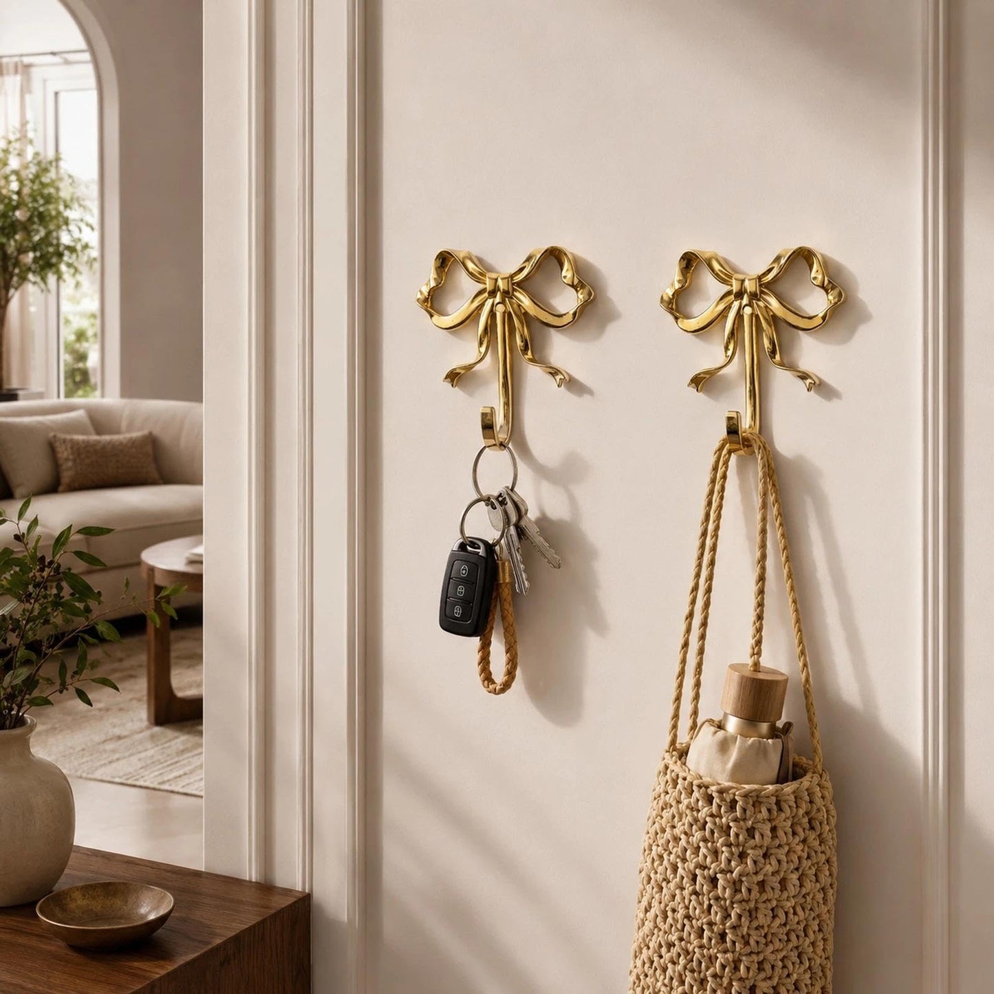 LOGOFUN 2pcs Gold Bow Wall Hooks Brass Bow Hooks for Hanging Coat Hat Towel Key Decorative Brass Bowknot Wall Mount Hooks for Bathroom Bedroom Living Room Large (3.62X3.54X0.79in / 9.20X9.00X2.00cm)