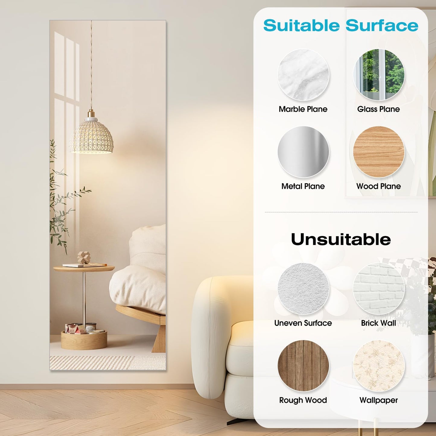 DEHWFT Full Length Mirror,47.25x15.75 Inch Acrylic Shatterproof Soft Mirrors, Non-Glass Wall-Mounted Fitness Mirror for Home, Lightweight Durable Modern Decor for Bedroom/Living Room/Cloakroom
