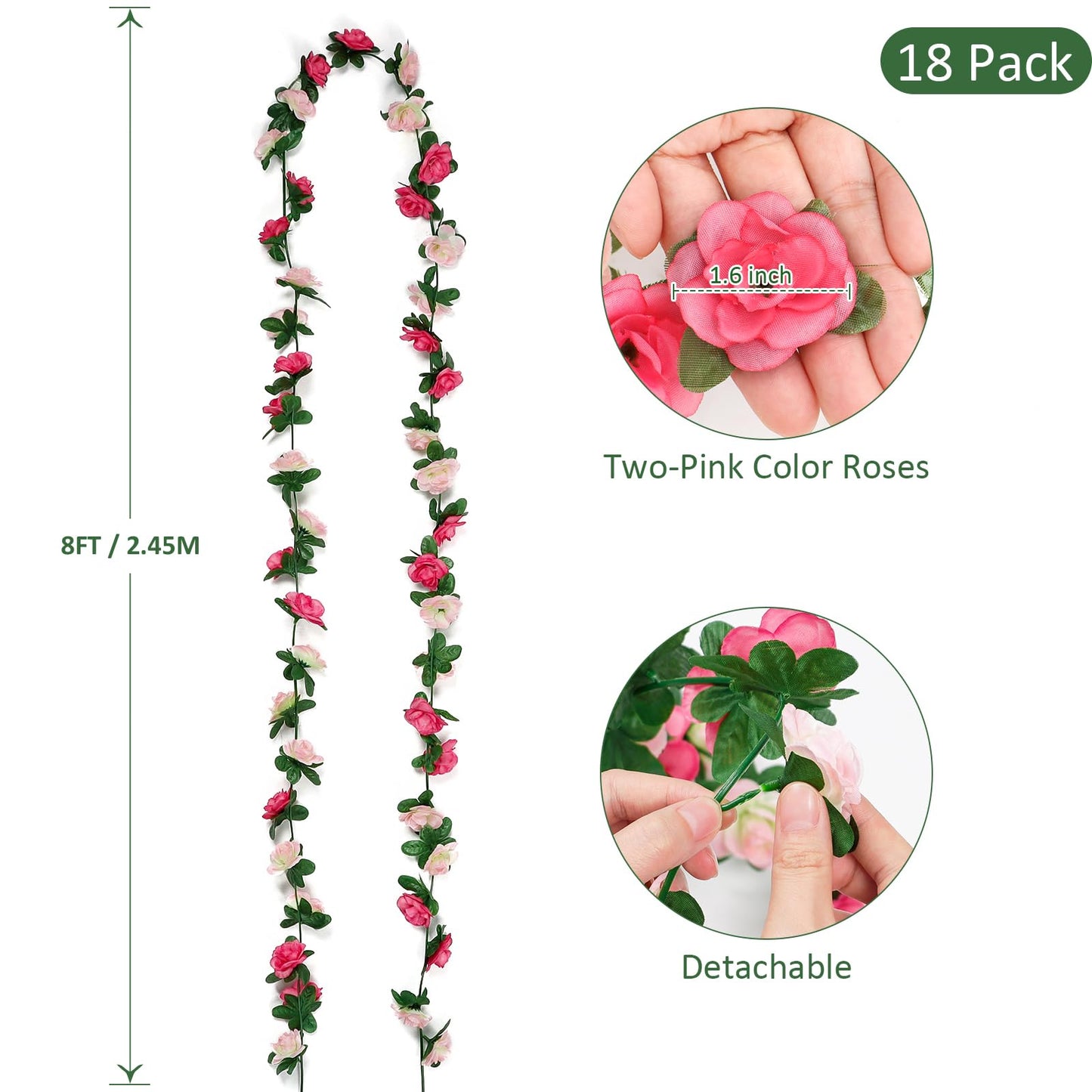 KHOYIME 18 Pack 144 FT Artificial Flower Garland, Fake Pink Roses Vines Silk Flowers Faux Plastic Outdoor Hanging Floral Ivy Garland Decoration for Wedding Arch Bedroom Home Wall Backdrop Room Decor