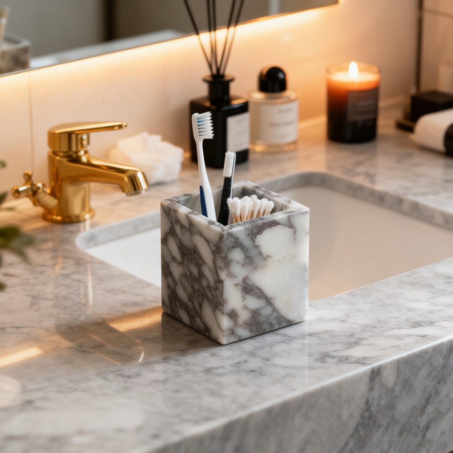 Artisanal Abode Marble Pen Holder, Natural White Marble Pencil Cup and Square Desktop Organizer for Pens, Makeup Brushes, Toothbrushes, Office Supplies, Vanity and Bathroom Counter