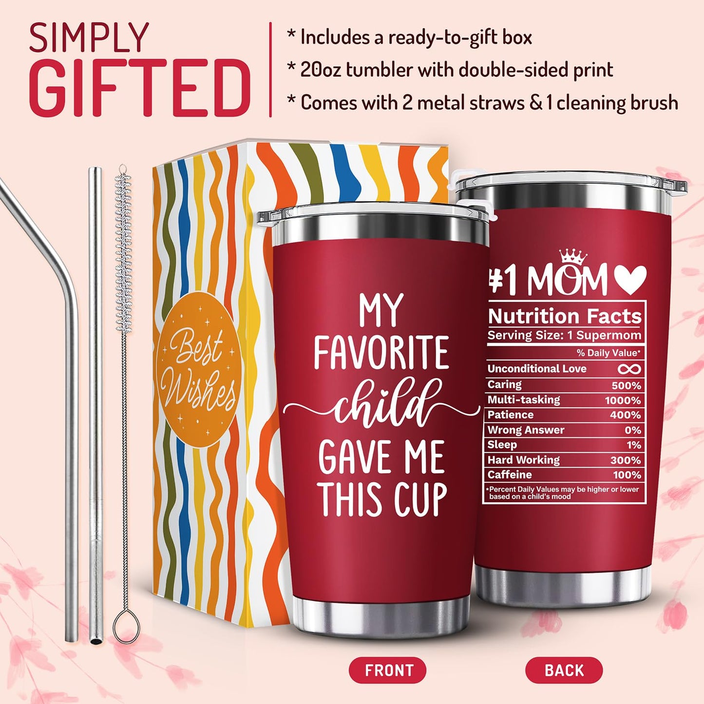 Mothers Day Gifts for Mom from Daughter, Son, Kids, Husband - Funny Mom Gift - Mama Coffee Cup My Favorite Child Gave Me This Cup - Valentine, Birthday Gift Idea - 20oz Stainless Steel Red Tumbler