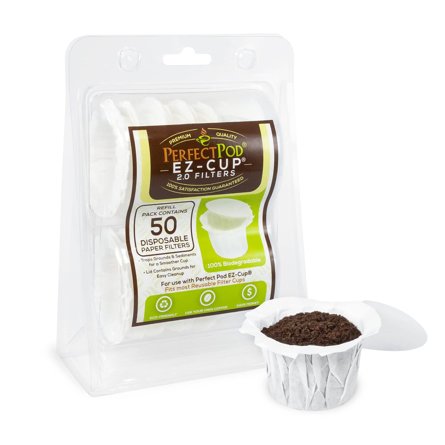 Perfect Pod EZ-Cup Disposable Paper Filters with Patented Lid Design for Reusable Coffee Pods 8-Pack (400 Filters)