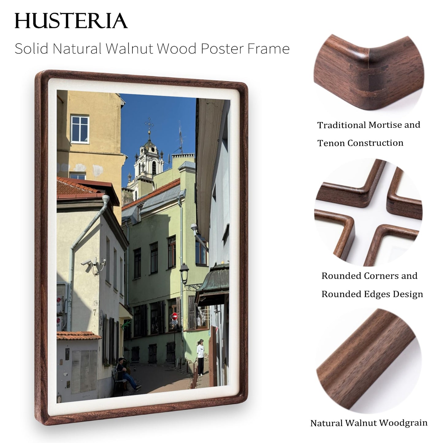 Husteria 12x18 Frame, Solid Walnut Wood Poster Frame with Mat for 11x17 or 12x18 without Mat, Rounded Corner Walnut Wooden Frame, Gallery Wall Frames for Art, Horizontal or Vertical Wall Mounting