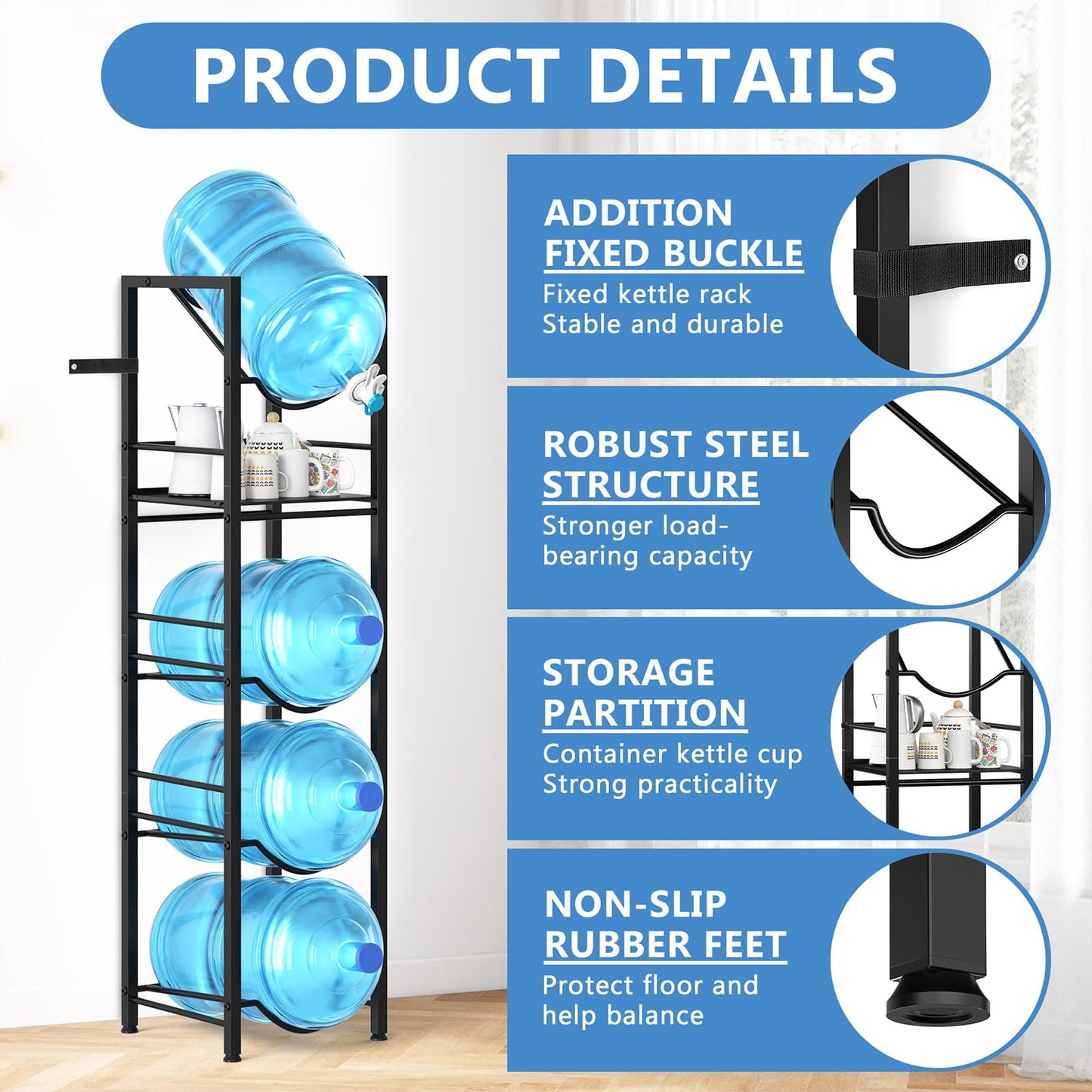 Eocnrhe 2-In-1 5 Gallon Water Jug Holder, 5 Tier Water Jug Stand Holder with 1 Dispenser Valves, 5 Gal Water Bottle Storage Rack Organizer for Kitchen, Office, Garage