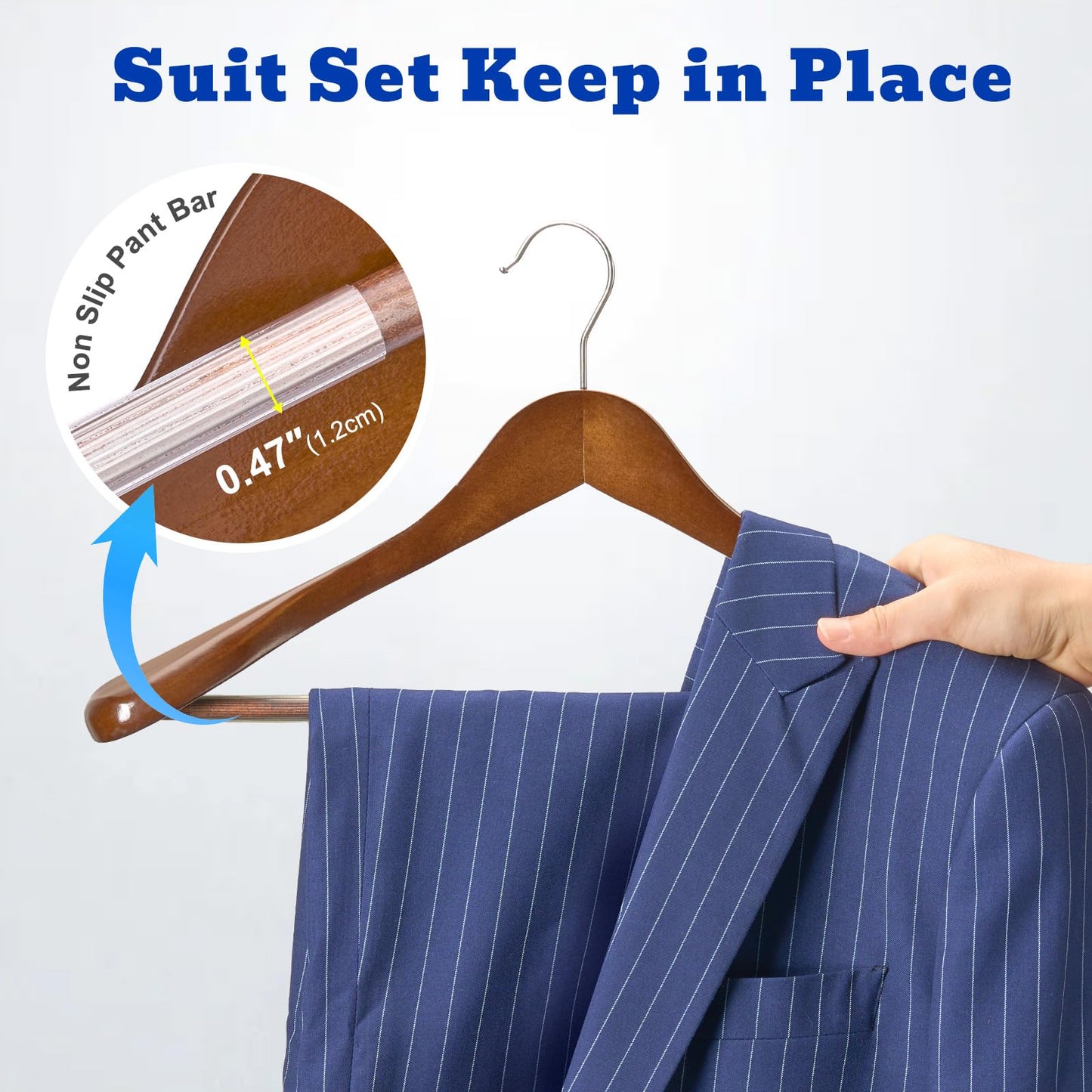 HOUSE DAY Wide Shoulder Wooden Hangers, Suit Hangers with Non Slip Pants Bar, Smooth Finish 360° Swivel Hook Solid Wood Coat Hangers for Dress, Jacket, Pants, Heavy Clothes Hangers 6 Pack (Walnut)