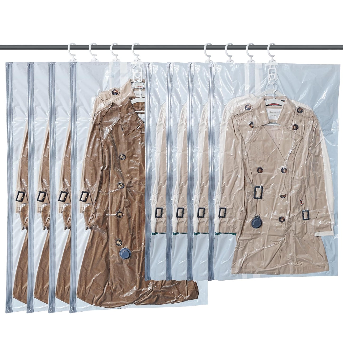 Vacbird Hanging Vacuum Storage Bags for Clothing 8 Pack Hanging Vacuum Seal Bags for Clothing Suit Bags Closet Storage, Hanging Plastic Clothes Cover for Coat, Dress, Fur, Shirt