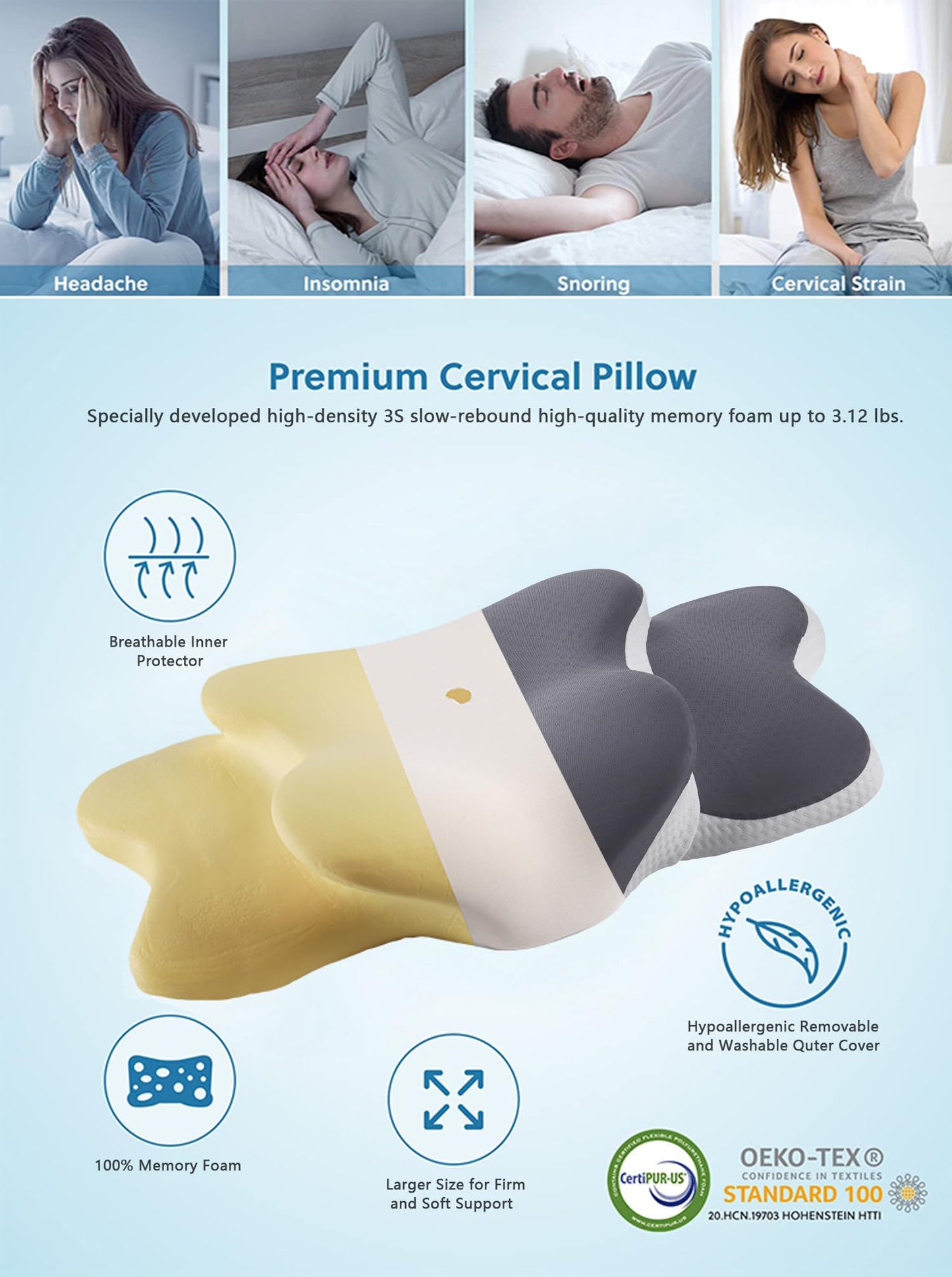 Ergo Pillow for Sleep Apnea, Neck Pain, and Snoring Relief | Cervical Neck Pillow for Side Sleepers | Orthopedic Memory Foam with Ergonomic Support