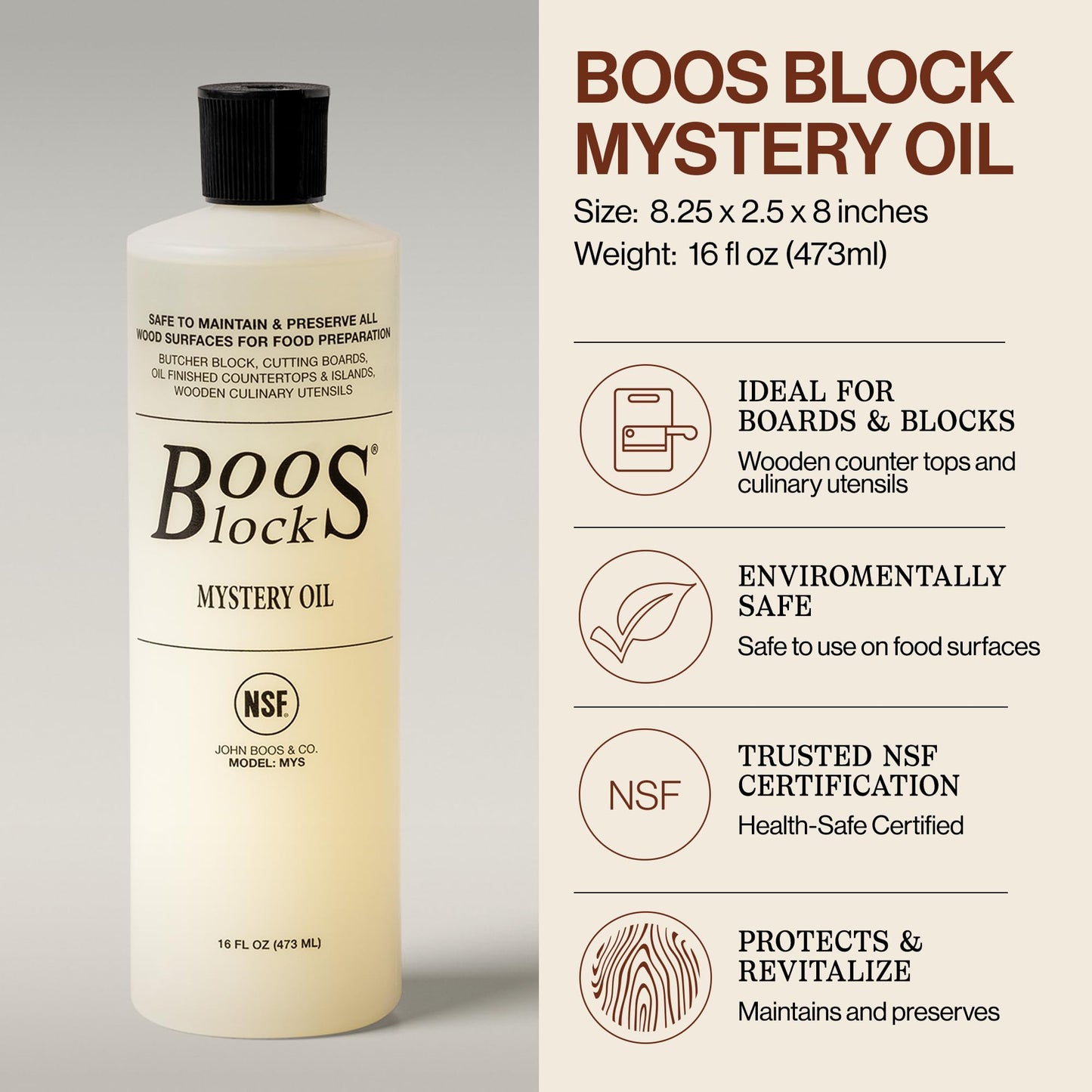 John Boos 3-Piece All-Natural Care & Maintenance Set - 16 oz Mystery Oil, 5 oz Board Cream & Round Applicator for Butcher Blocks, Cutting Boards, Wood Countertops, and Wooden Utensils