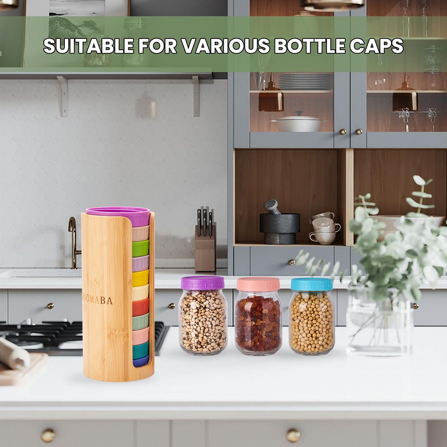 QOOMABA Mason Jar Lid Organizer (2pcs), Mason Jar Lid Storage Made of Bamboo, Suitable for Mason/Canning/Bamboo Lids(WIDE/REGULAR), Fit Perfectly, Stackable Steady