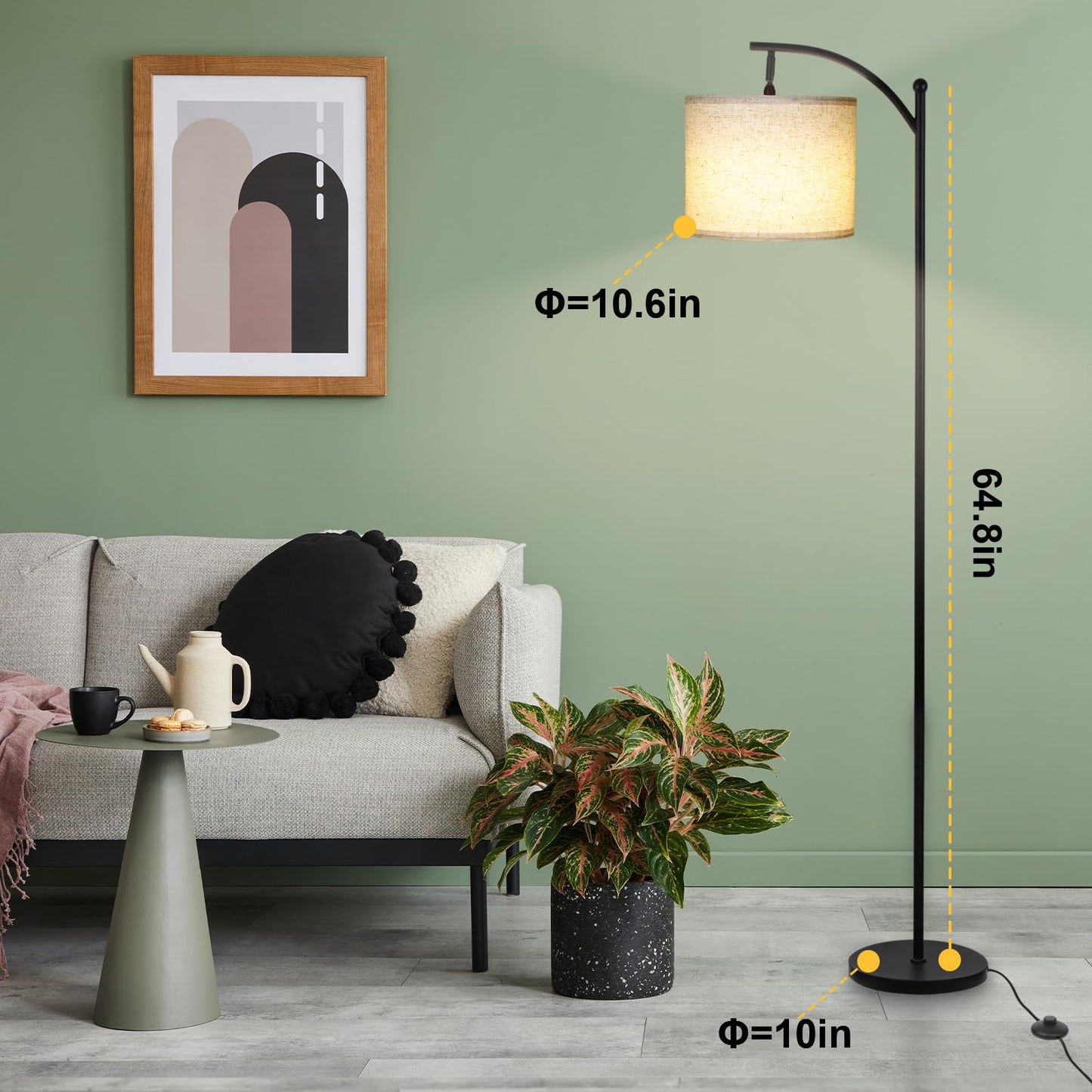 LALISU Modern Floor Lamp, 3-Ways Dimmable Standing Lamp with Linen Shade, Adjustable Height, Foot-Step Switch, Reading Lamp for Living Room, Bedroom, Office, 9W Bulb Included (Black)