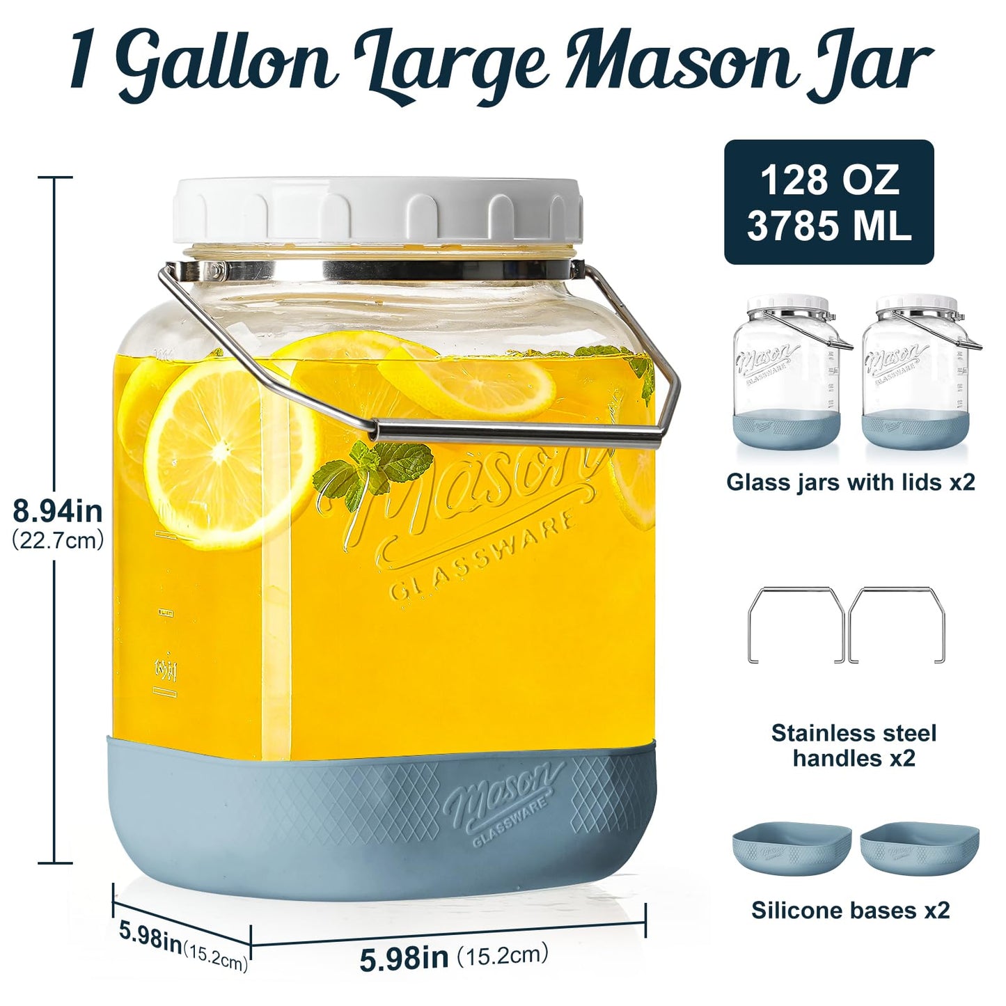 Dwbligt 2 Pack Square Wide Mouth Mason Jars, 1 Gallon Glass Jar With Airtight Lid and Scale Marks, 128 FL Oz/3785 ML Food Storage Containers with Handles & Non-slip Bases - for Flour, Rice, Pickling