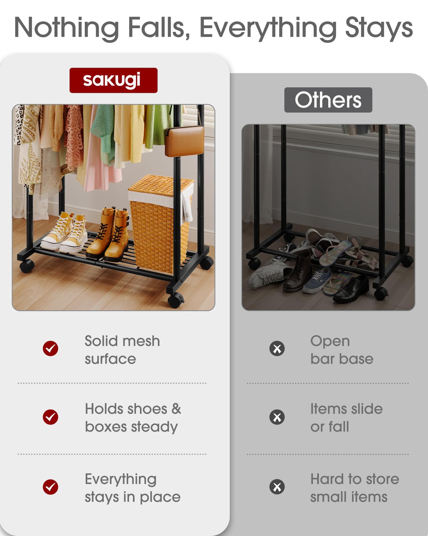 Sakugi Clothes Rack - Double Rods Clothing Rack with Mesh Shelf, Hooks & Wheels, Metal Clothing Racks for Hanging Clothes & Bags, Multifunctional Garment Rack for Laundry, Black, 28.7" x 16.5" x 59.1"