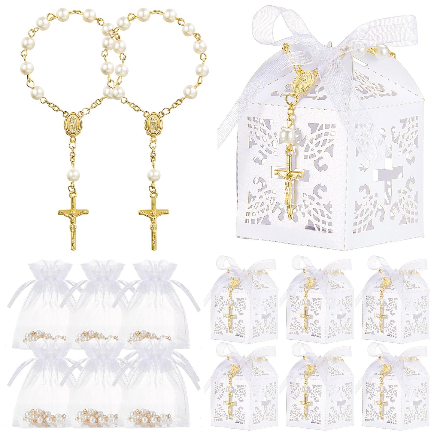 Bonuci 50 Packs Baptism Favors Set Acrylic Rosary Beads Faux Pearls with Organza Bags and Cross Baptism Favor Boxes Recuerdo De Boda Y Bautizo for Christening Weddings Party Favors(Gold,Pearl)