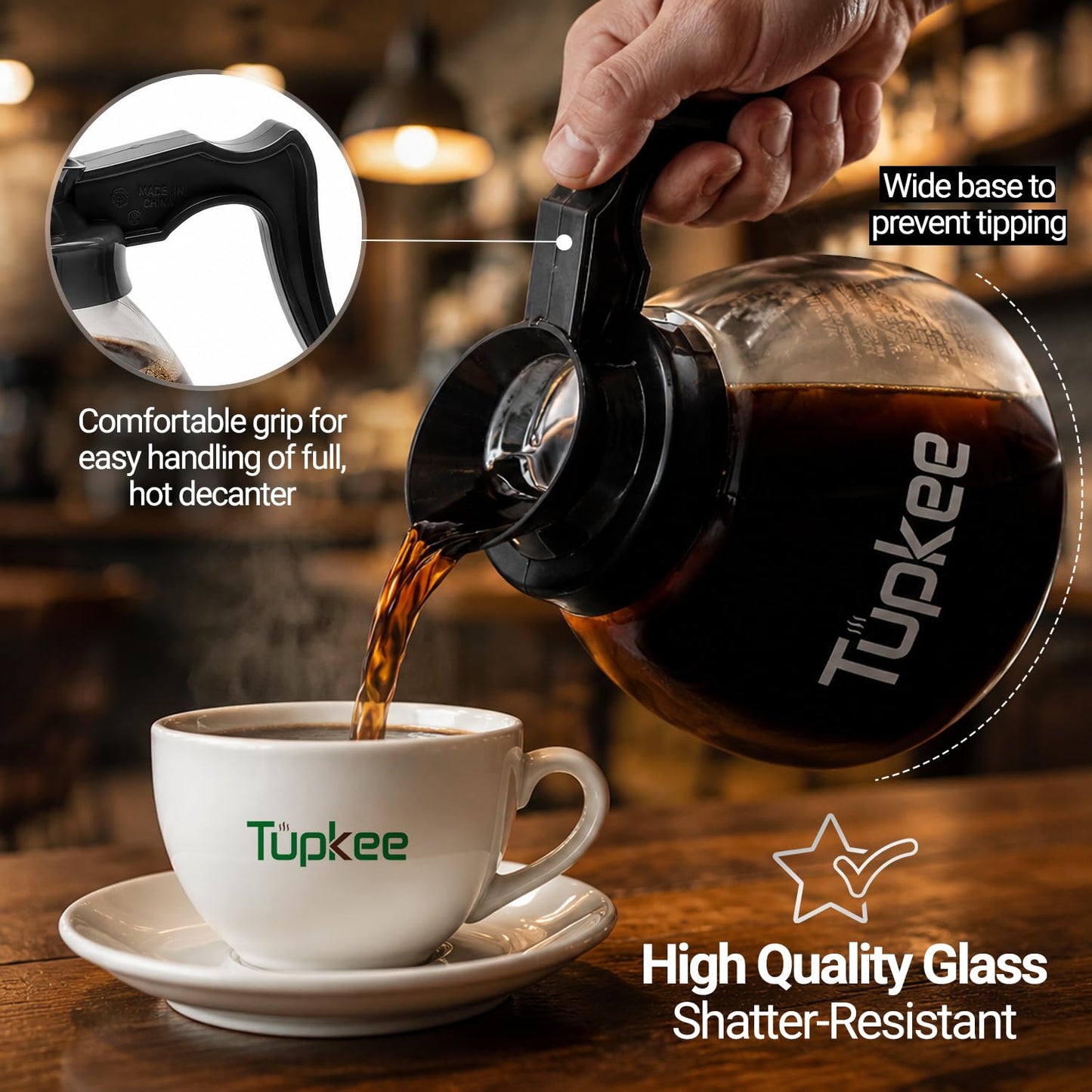 Tupkee Commercial Coffee Pot Replacement - SHATTER-RESISTANT Restaurant Glass Decanter Carafe - 64 oz 12 Cup, Black Handle/Regular, Compatible with Wilbur Curtis, Bloomfield, Bunn Coffee Pot