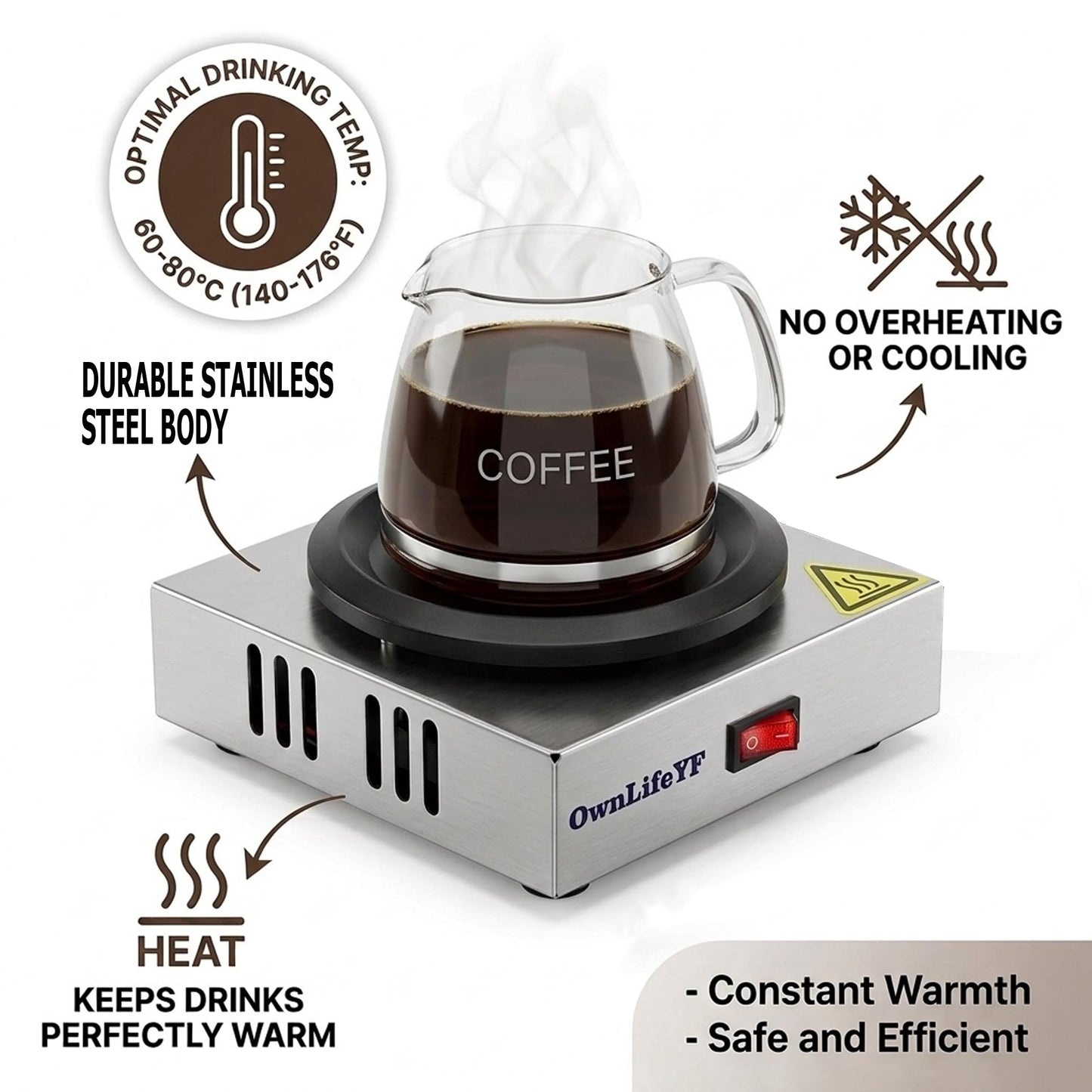Commercial Coffee Warmer, 60W 176℉ Single Burner Decanter Warmer Plate, Stainless Steel, for Cafe, Break Room, Buffet, for Melting Beeswax, Softening Shea butte, Beverages, Milk & Tea, Ideal Gifts