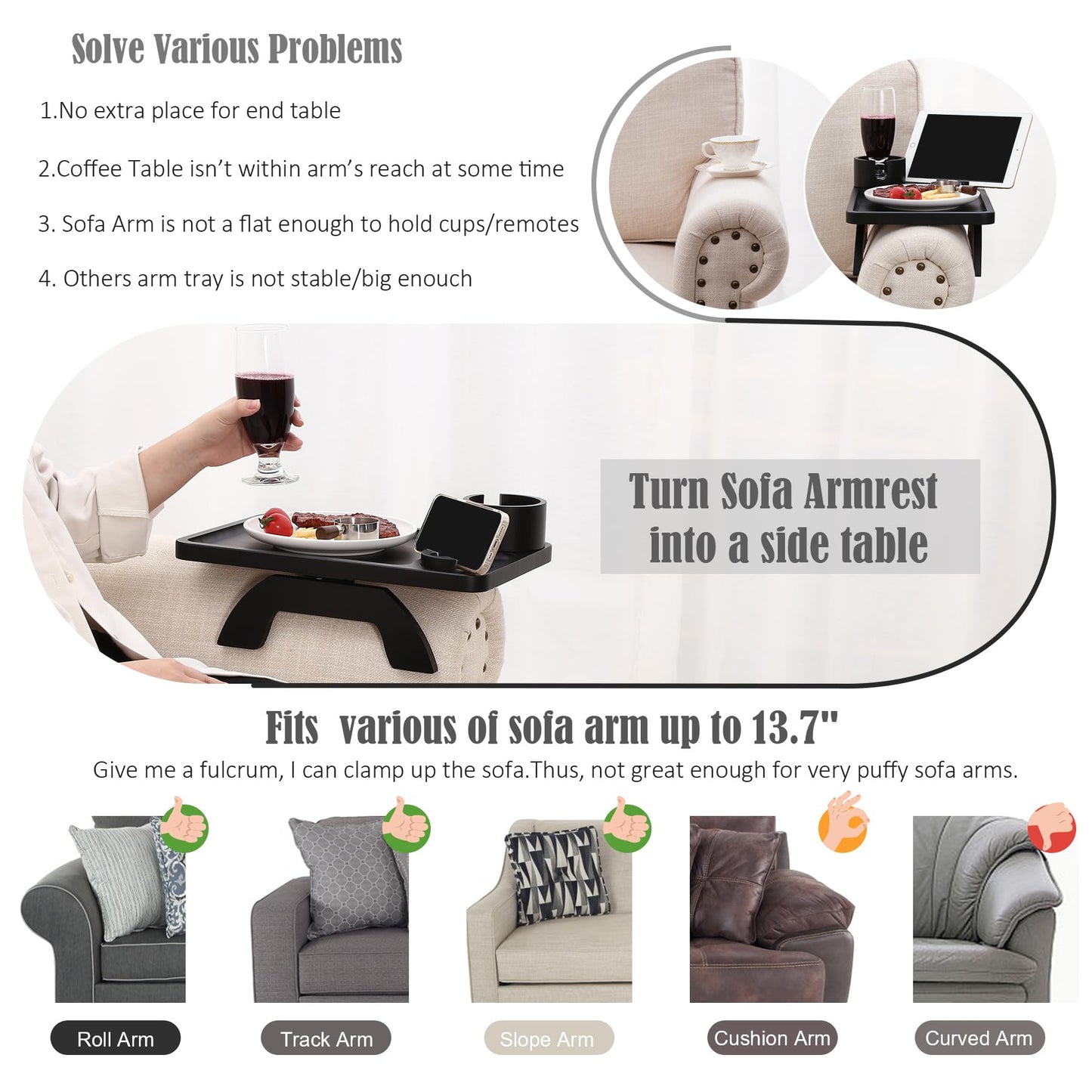 Nnewvante Couch Cup Holder,3 in 1 Large 15.36"x9.85" Bamboo Couch Arm Table Sofa Arm Clip on TV Tray Table with 360°Rotated Phone/Cup Holder, Black