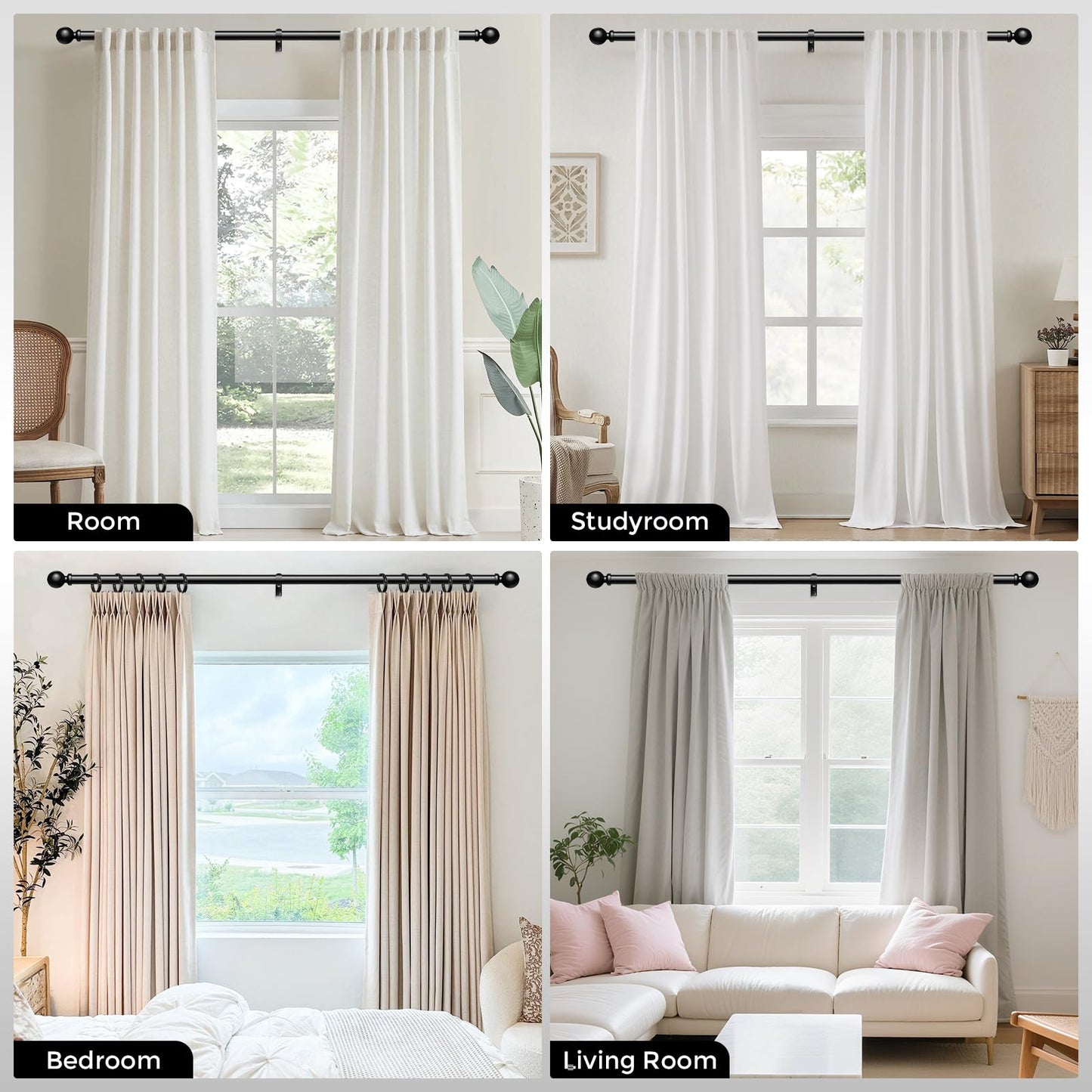 Wolistsa 2 Pack Curtain Rods 36-91 Inch, Black 1 Inch Adjustable Heavy Duty Curtain Rods for Windows, Decorative Modern Window Treatment Rod, Splicing Metal Drapery Pole, Easy Installation