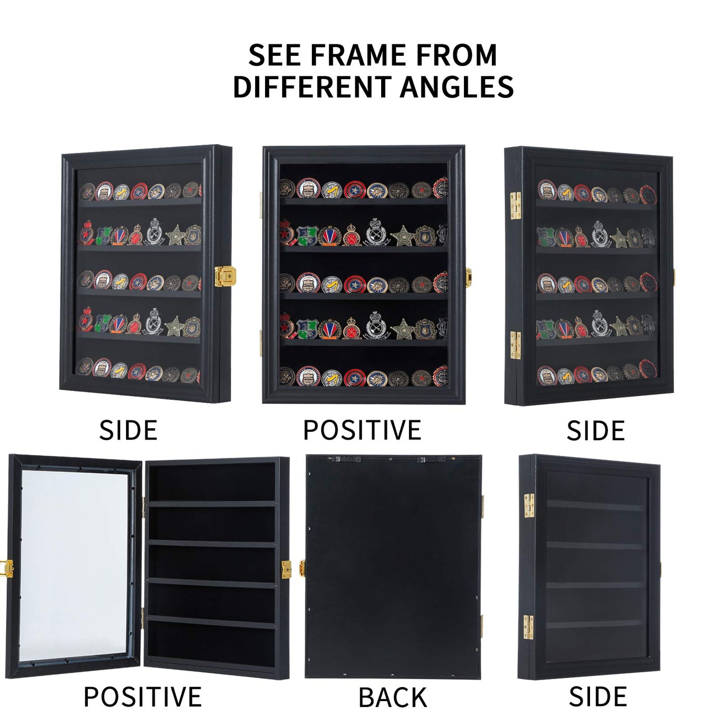 Jinchuan Military Challenge Coin Display Case Lockable Cabinet Rack Holder Shadow Box with Removable 2 Grooves Shelves and Anti Dust Door for Casino Poker Chips Collectibles, Small - Black