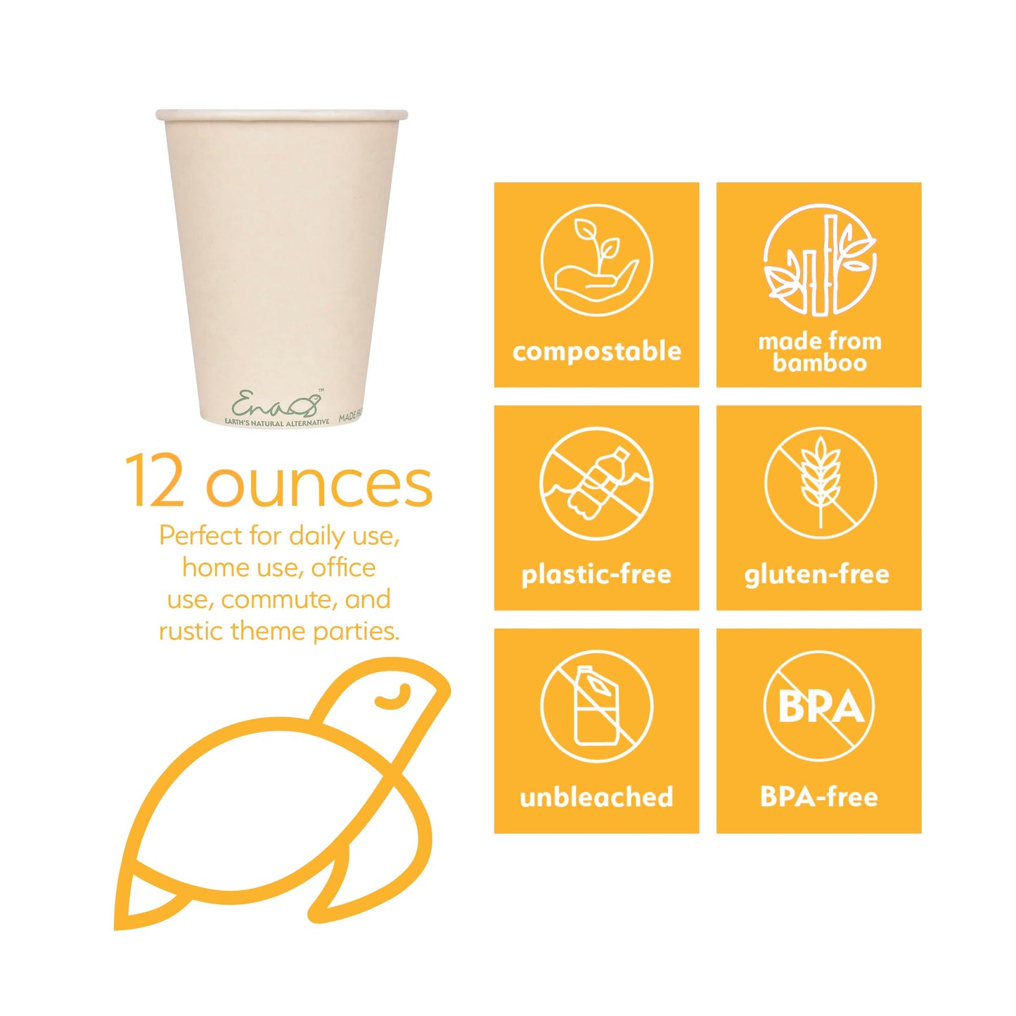 100% Compostable Disposable Coffee Cups [12oz 320 Pack] Paper Cups Made from Bamboo, Eco-Friendly, Biodegradable Premium Party Cups, Natural Unbleached by Earth's Natural Alternative