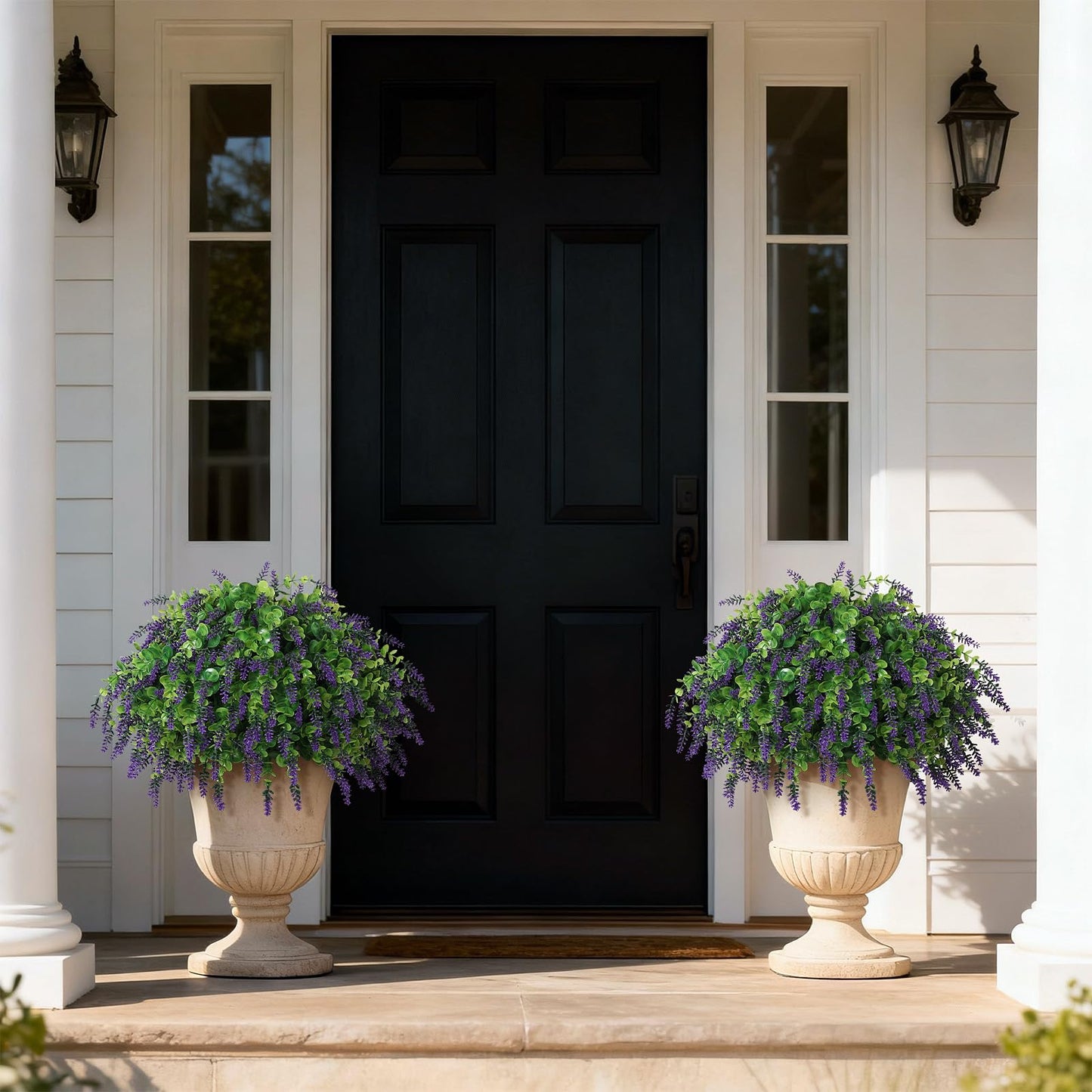 Artificial Eucalyptus & Lavender Topiary Ball Tree for Front Door - Set of 2 Topiary Trees with Pots, UV Resistant Faux Bushes Potted Plants for Porch Garden Farmhouse Outdoor Decoration