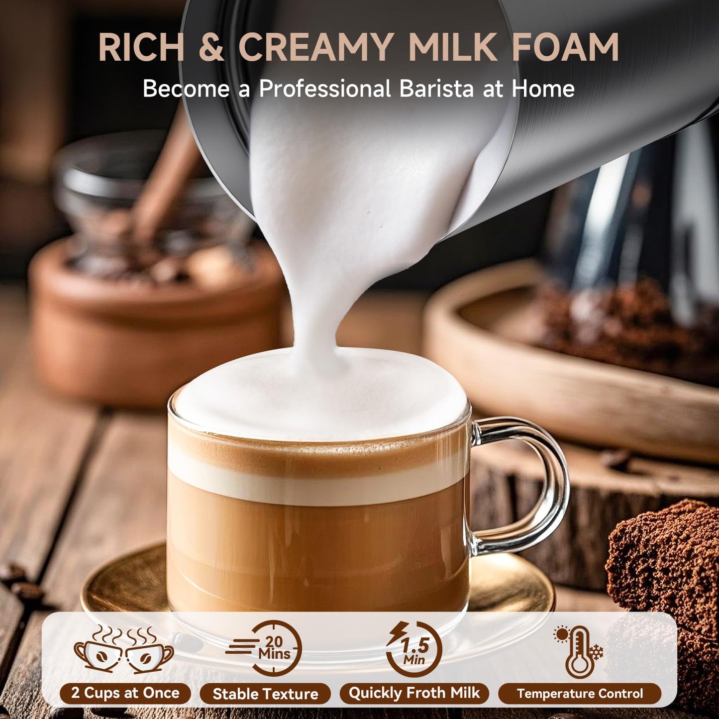 Novalife Milk Frother, 4 in 1 Milk Frother and Steamer with Two Whisks, Frothing Whisk and Heating Whisk, Automatic Warm and Cold Foam Maker for Coffee Latte Cappuccino Macchiato Hot Chocolate Matcha