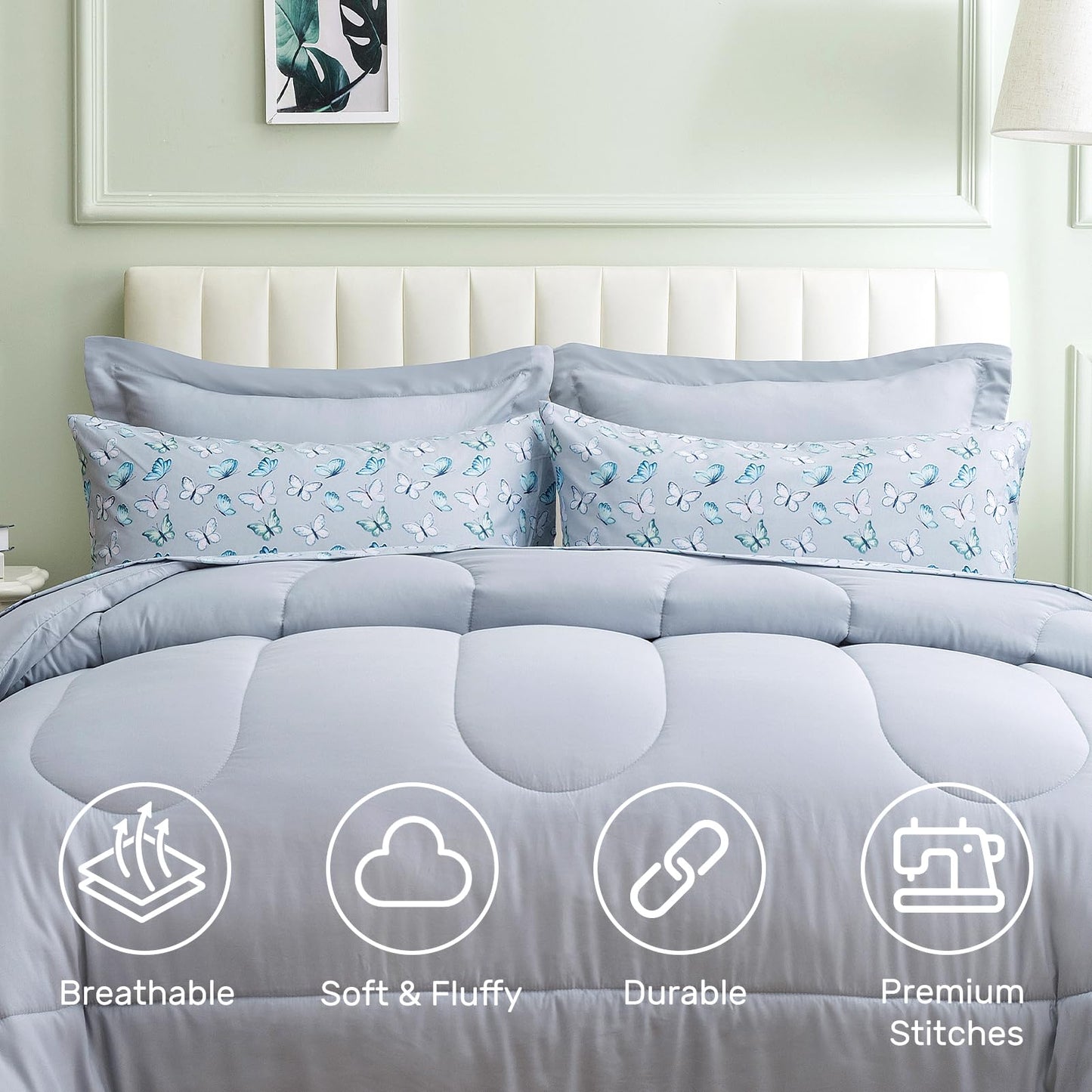 ARTALL Queen Bed in a Bag 7 Pieces, Light Gray Solid Comforter with Cute Colorful Butterfly Sheet Set, Soft Reversible Bedding Sets with Comforter, Sheets, Pillowcases & Shams for All Seasons