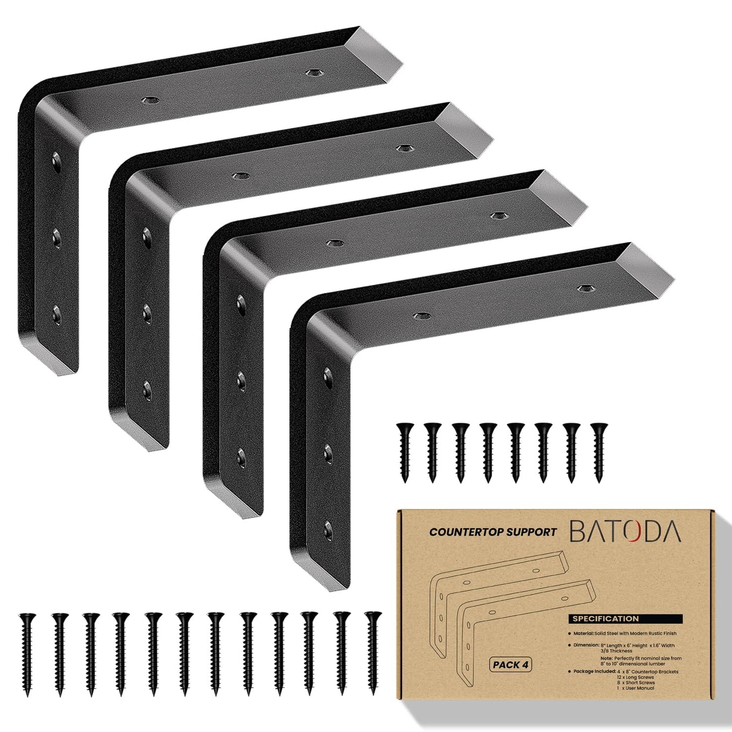 BATODA 8” Countertop Support Steel Brackets (4 PCS) for Large Granite - Heavy Duty L Floating Shelf Bracket - Black Metal Wall Mounted Support for Wood Shelving