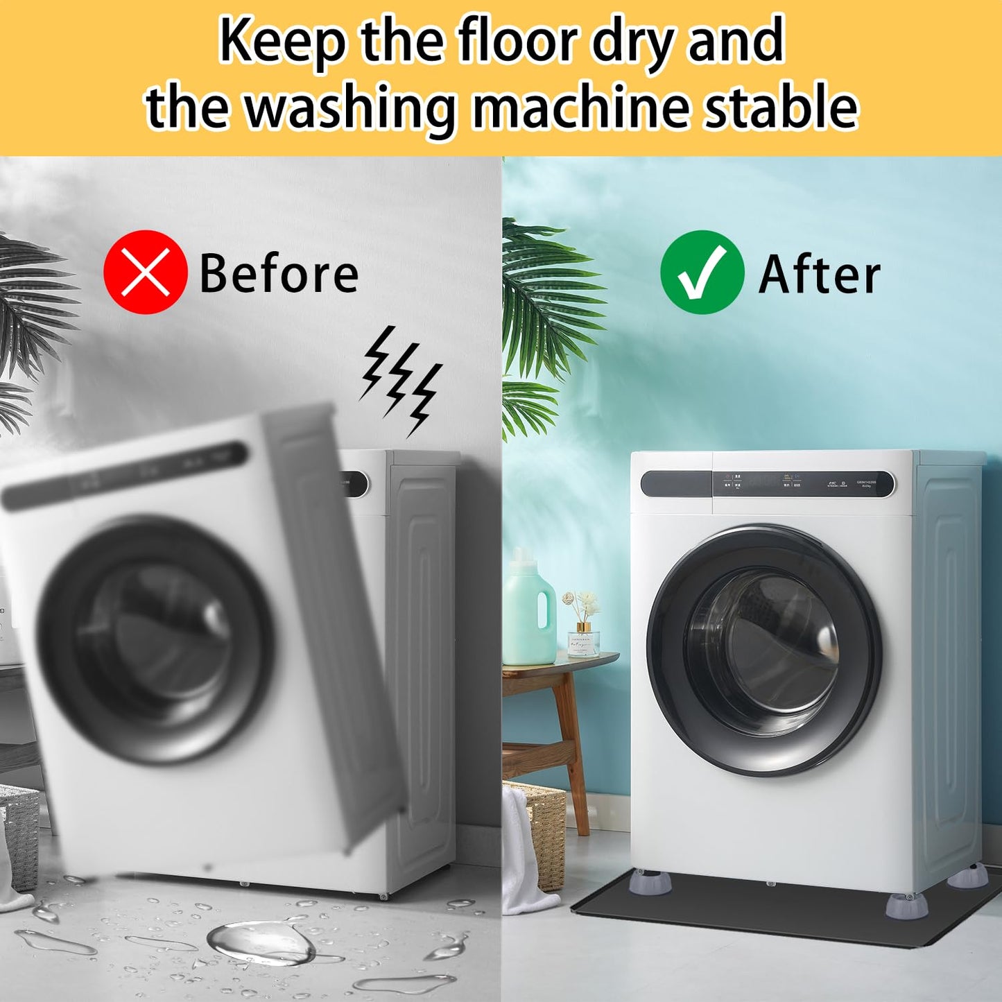 Washing Machine Drain Pan 27"x27" with 4 Anti-Vibration Foot Pads – Washer Tray,Non-Slip, Waterproof, Laundry Appliance Floor protection Set –Noise Reduction Leak Prevention -Soft Silicone Mat