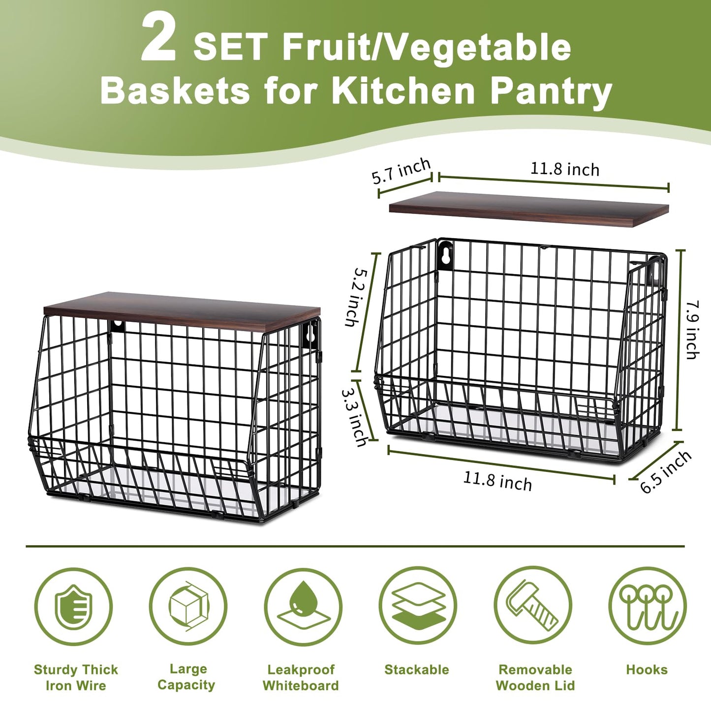 Wawocs Fruit Basket for Kitchen Counter 2 Tier Fruit Bowl, Stackable Wall Mounted Hanging Fruit Basket Wire Baskets with Wood Lid with 4 Banana Hanger Hooks, Onion Basket, Fruit and Vegetable Storage