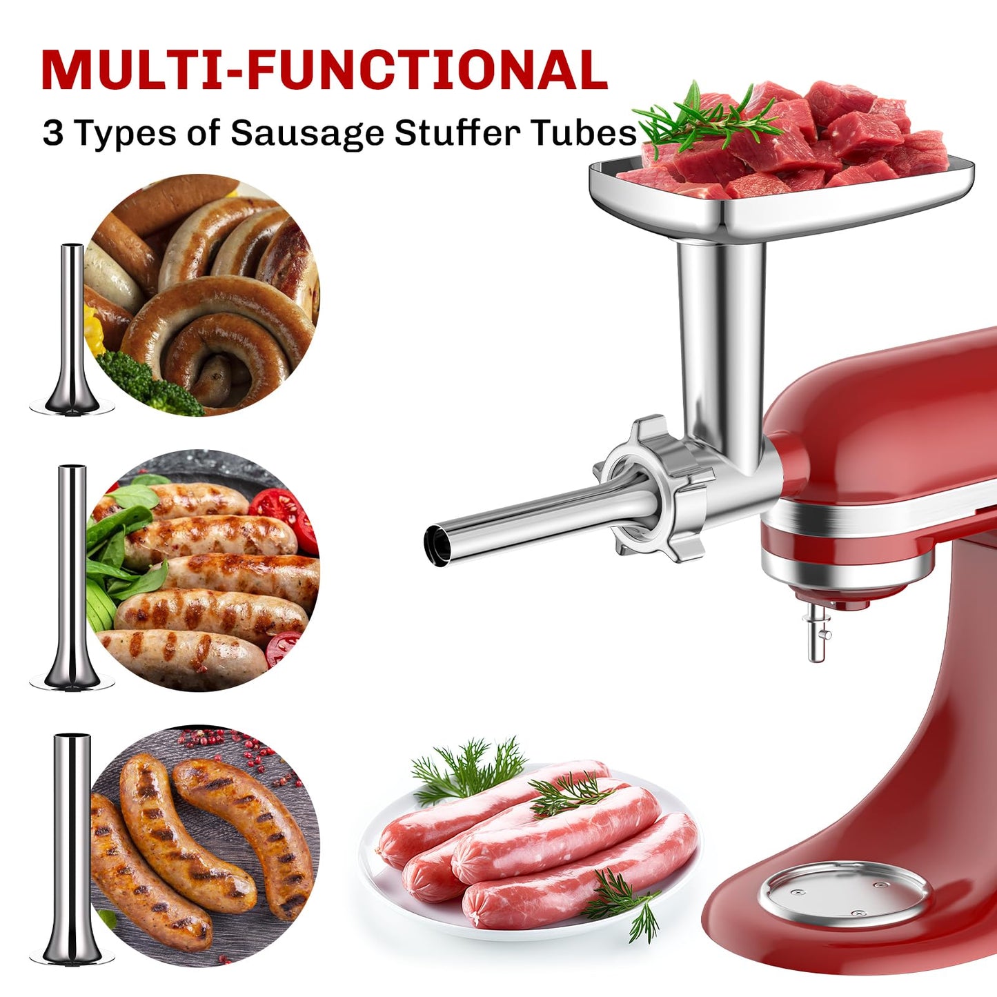 Meat Grinder Attachment for KitchenAid Stand Mixer, Metal Food Grinder for Kitchen Aid Includes 4 Grinding Plates, 3 Sausage Stuffer Tubes and 2 Cutting Blades