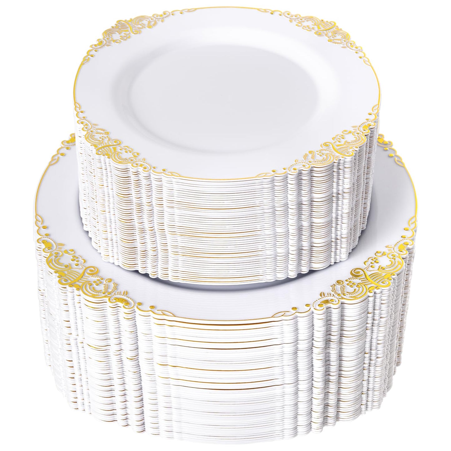 Joyido 200PCS White and Gold Plastic Plates - Gold Disposable Plates - Gorgeous Wedding Plate 10inch Dinner & 7.25inch Dessert Plate for 100 Guests for Wedding & Party