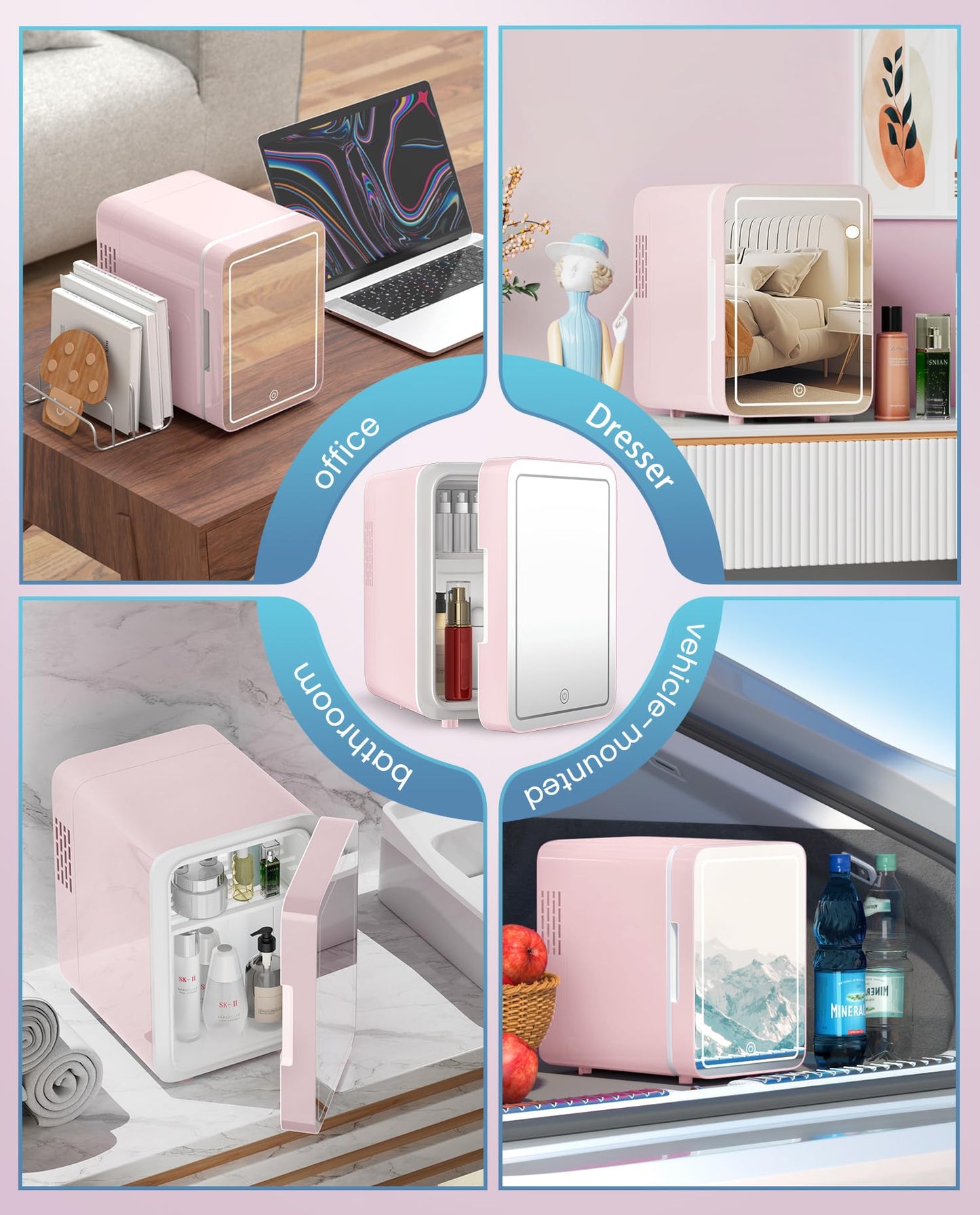 CUTIEWORLD Skincare Fridge with Dimmable LED Light Mirror, 4L Mini Fridge For Desktop, Travel or Cool & Heat, Makeup Fridge for Cosmetics, Skin Care and Food, Pink