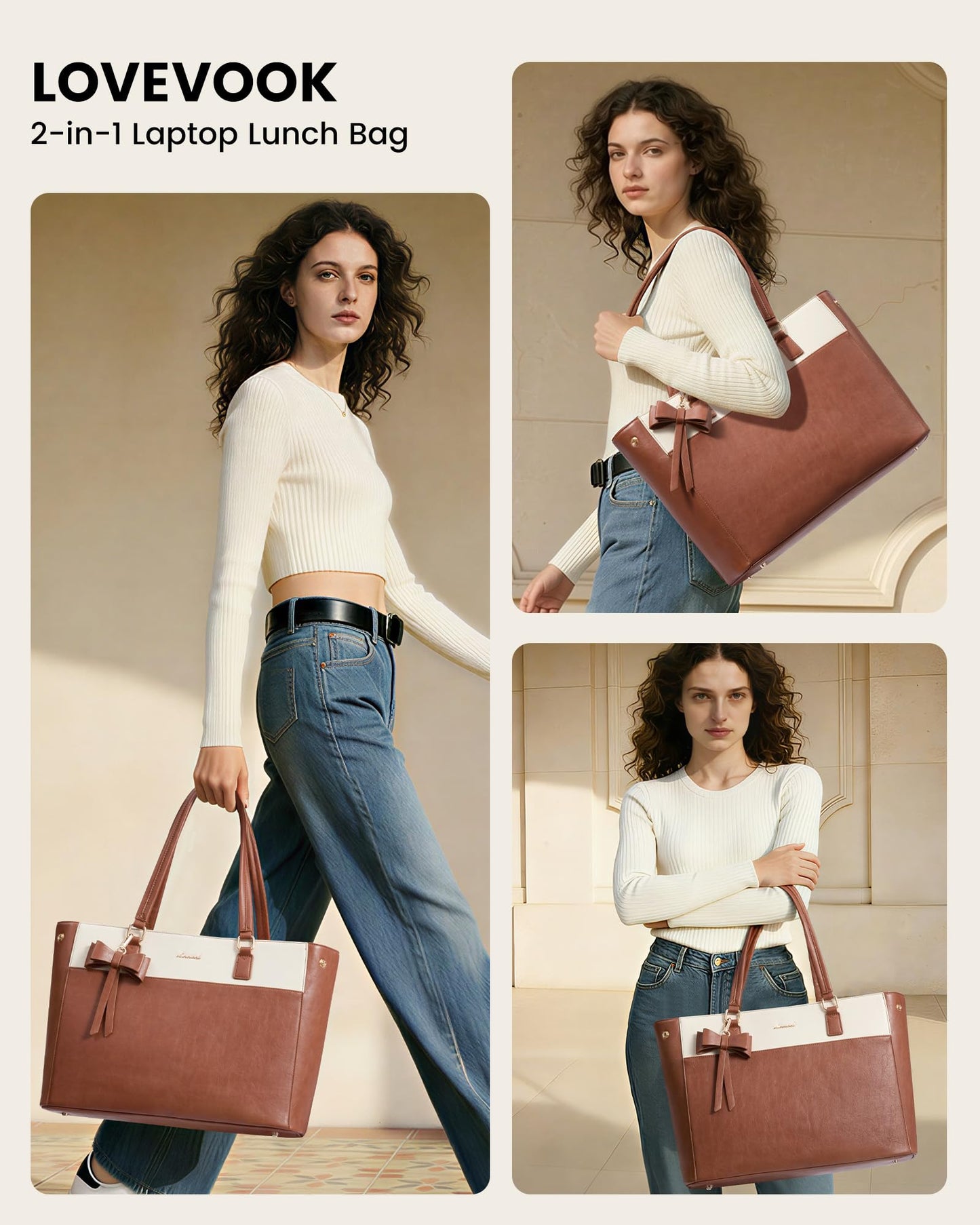 LOVEVOOK Work Tote Bag with Lunch Compartment, 3 in 1 Laptop Tote Bag for Women with Giant Tumbler Holder for Teacher, Nurse, Travel, Office, Daily
