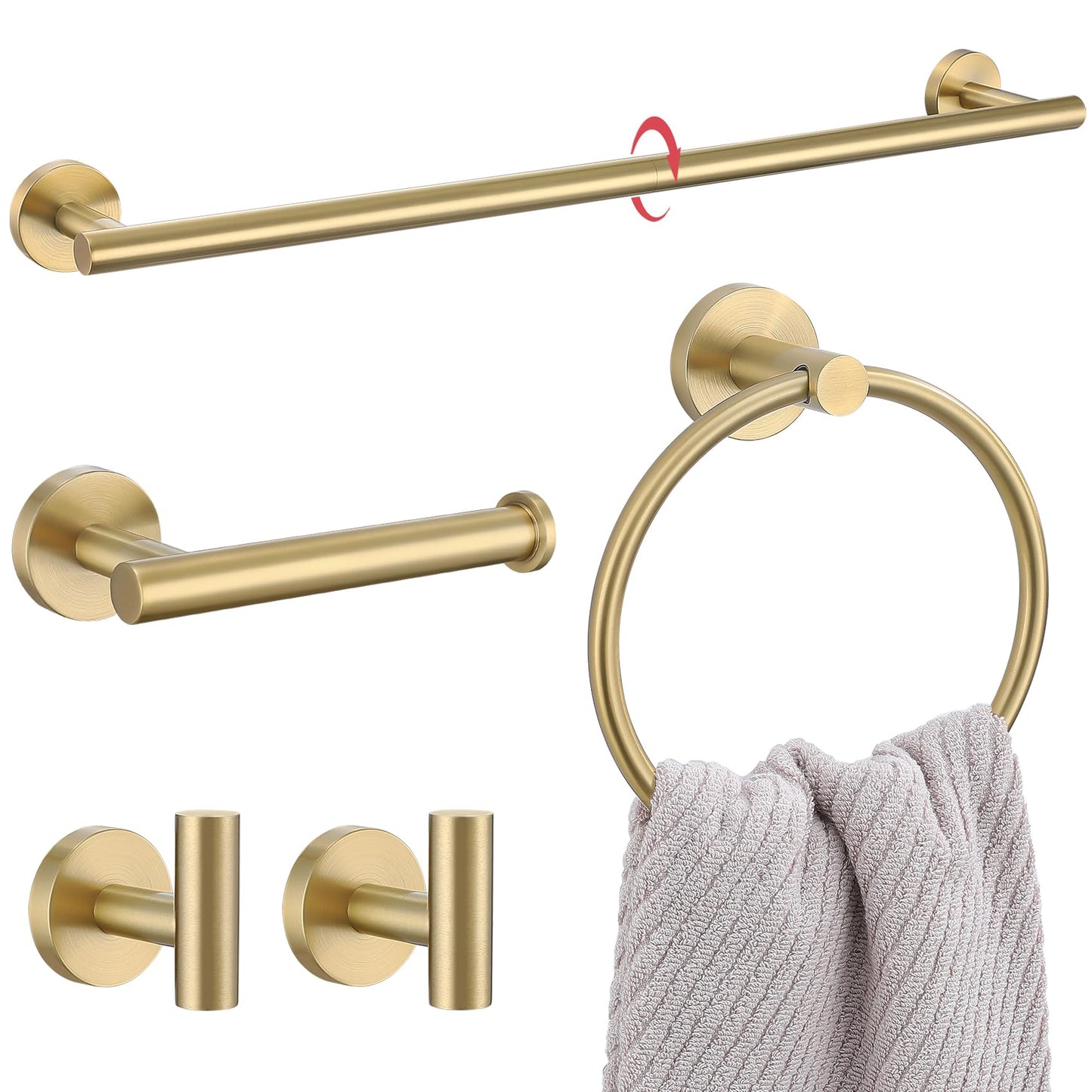 Lairuier 5 Pieces Brushed Gold Bathroom Accessories Set, 23.6 Inch Bath Towel Bar Set, SUS304 Stainless Steel Bathroom Hardware Set Round Toilet Paper Holder Set Wall Mounted