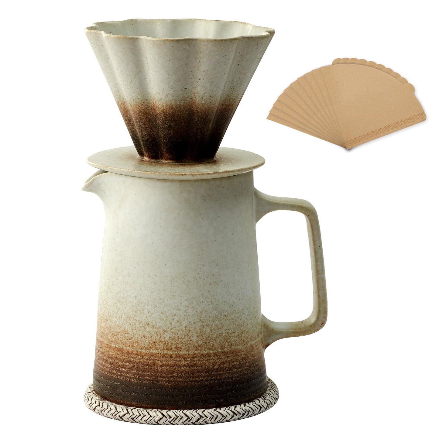 LEIJOCO Pour Over Coffee Maker, Ceramic Coffee Dripper with 40pcs V02 Paper Filter & Coaster, 18.2oz/540ml Flower Shape Pour Over Coffee Filter set (Brown Gradient Set)