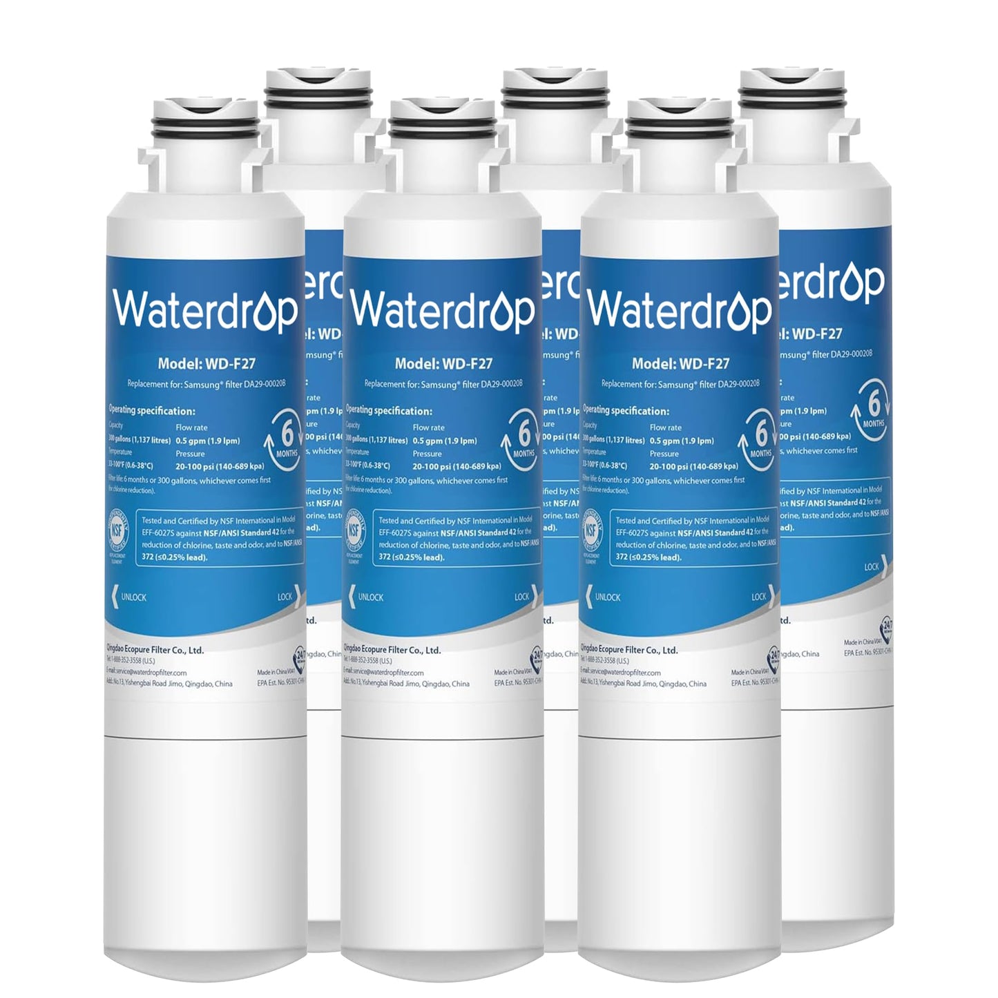 Waterdrop WD-F27 Replacement for Samsung® Refrigerator Water Filter HAF-CIN/EXP, DA29-00020B, HAF-CIN, RF28HMEDBSR, RF263BEAESR, RS25J500DSR, RF263TEAESG, HDX FMS-2, DA97-08006A-1, 6 Pack
