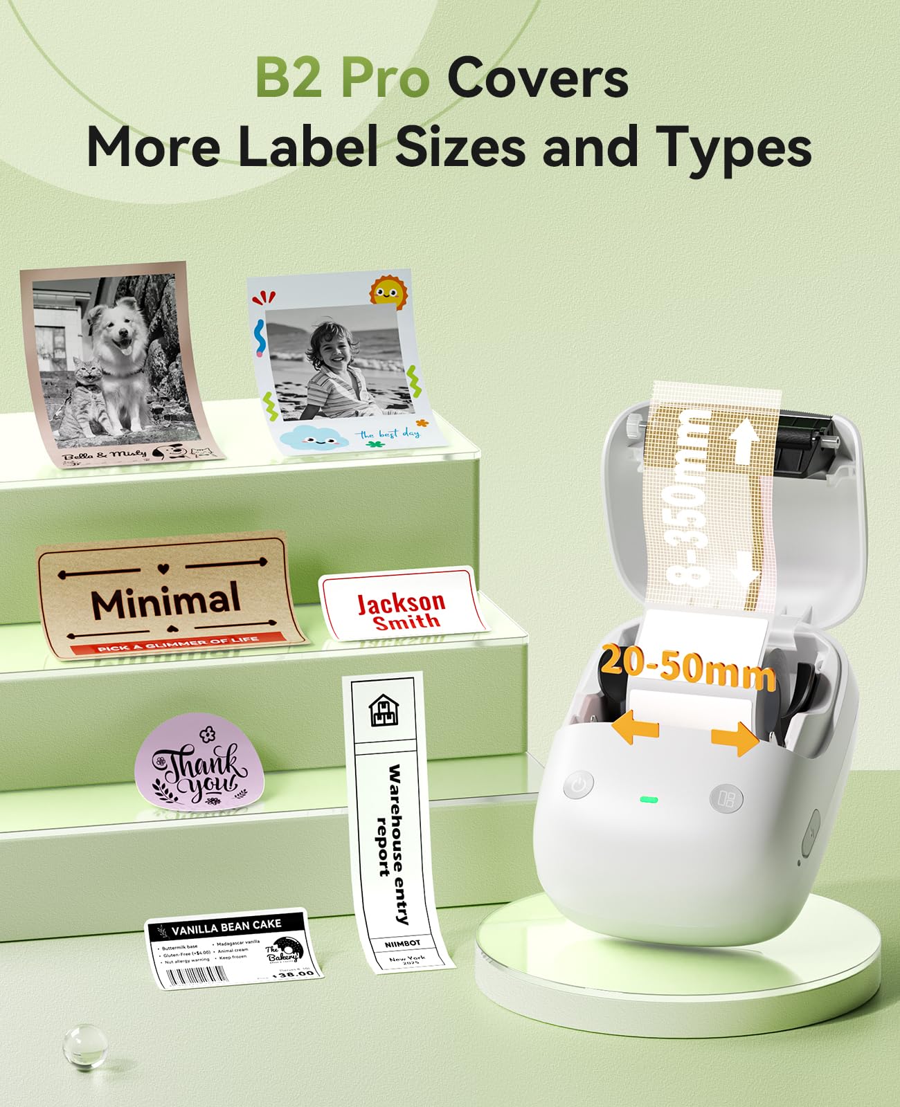 NIIMBOT B2 PRO Label Maker, 300DPI HD Thermal Label Printer, Support Red -Black Dual Color Printing, Sticker Printer for Home, School, Business and Office, Came with 1 Roll Label,Green