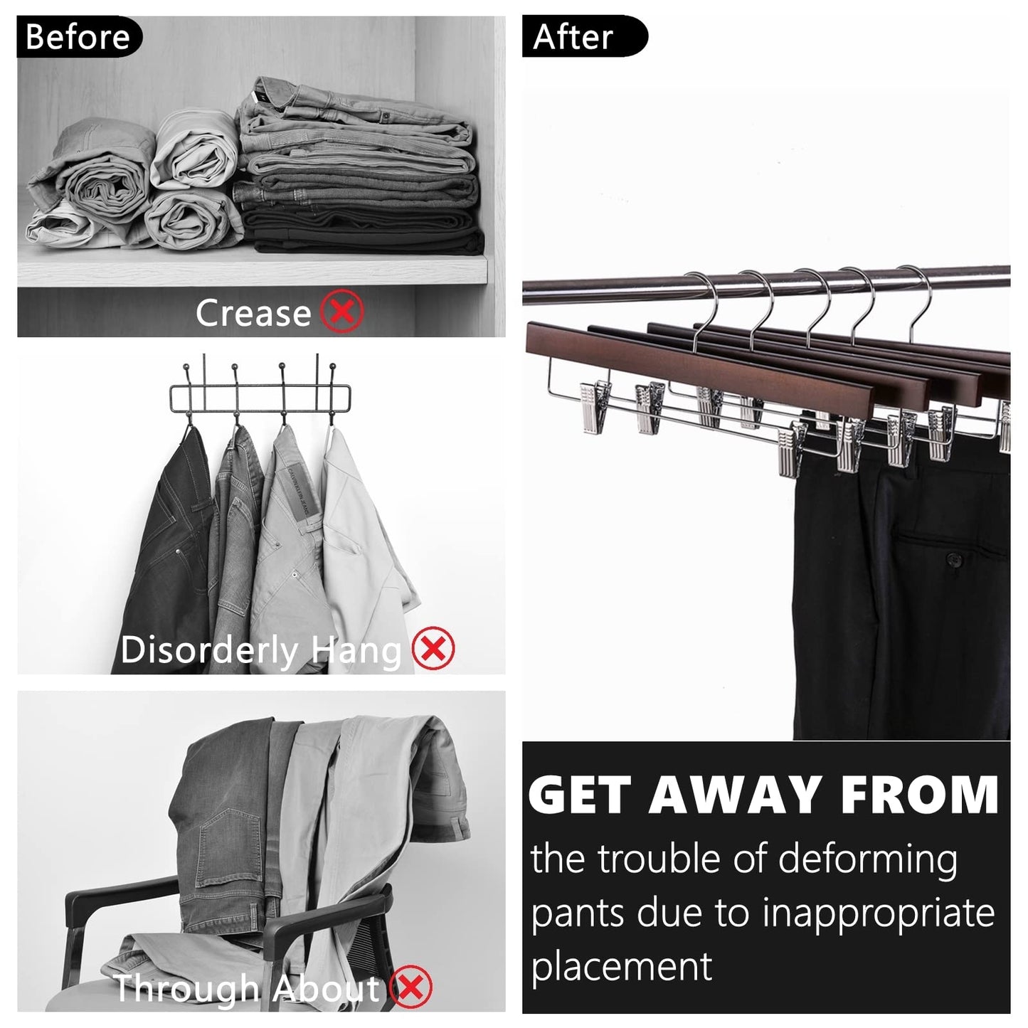 Amber Home 24 Pack Walnut Wooden Pants Hangers with Clips, 14" Wood Skirt & Trousers Hangers, Closet Hangers for Jeans, Slacks, Shorts, with 2-Adjustable Clips (Vintage, 24)