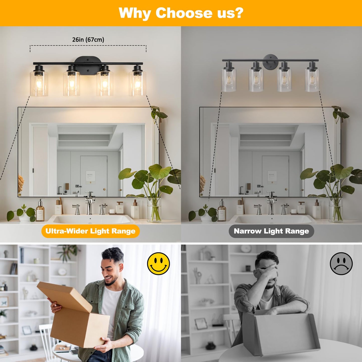 Unicozin Bathroom Light Fixtures, 4 Light Vanity Lights for Bathroom, Black Wall Lamp with Clear Glass for Mirror, Living Room, Hallway, Cabinet, E26 Base