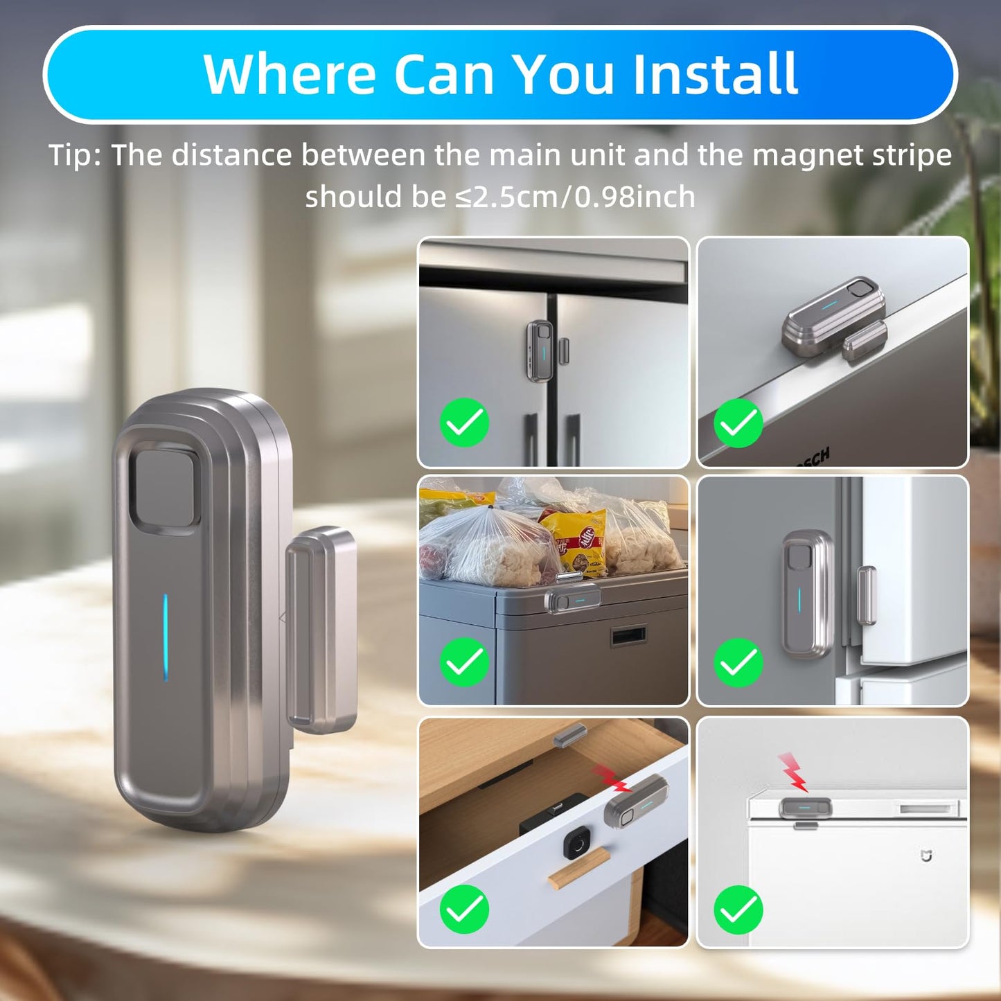 Daytech Refrigerator & Freezer Door Alarm - 1-4 Minute Adjustable Delay, 0-120dB Alarm, 3-Pack for Home, Supermarket & Business (Grey)