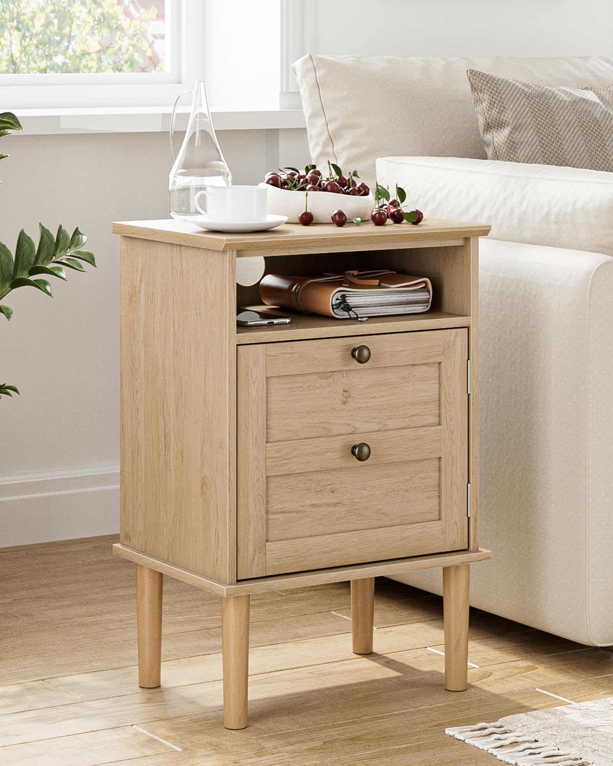 Apetaccat Nightstand, Boho Night Stand with 1 Drawer, Modern Side Accent Table with Open Shelf, Wooden Top Bedside End Table for Bedroom, Living Room, Natural