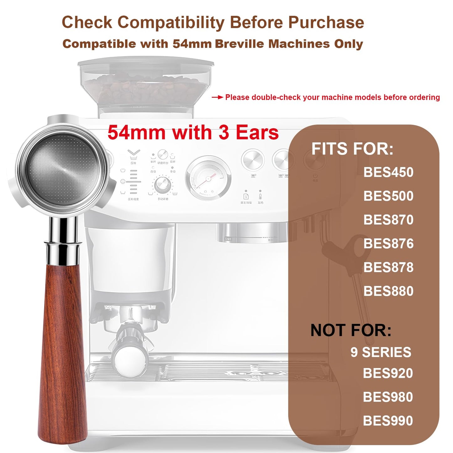 54mm Bottomless Portafilter with Puck Screen & WDT Tool – Compatible with Breville Barista Express/Pro/Touch, Bambino Plus, Infuser, Duo-Temp Pro, Filter Basket Included and Rosewood Handle