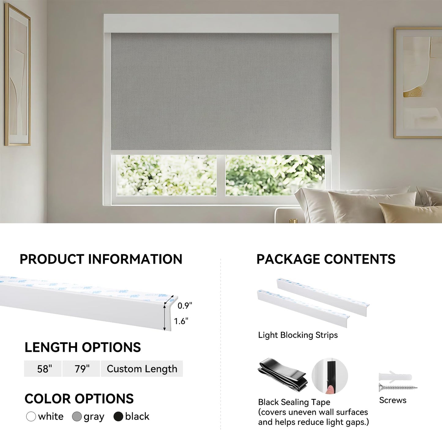 ZSTARR PVC Light Blockers Blackout Light Blockers Side Tracks for Window Shades and Blinds Side Tracks for Blackout Shades Easy to Instal Light Blocking Strips for Bedroom (White, 58",2Pcs)