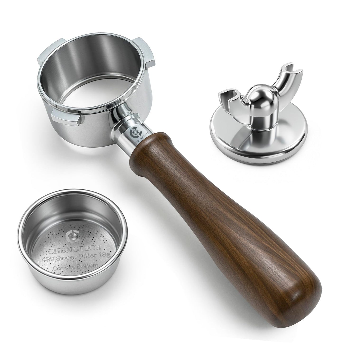 Chengtech Espresso Accessories, 54mm Bottomless Portafilter with Detachable Double Spout, 18g Convex Filter Basket, 3-Ear Design, Walnut Wood Handle, Compatible with Breville 54mm Espresso Machines