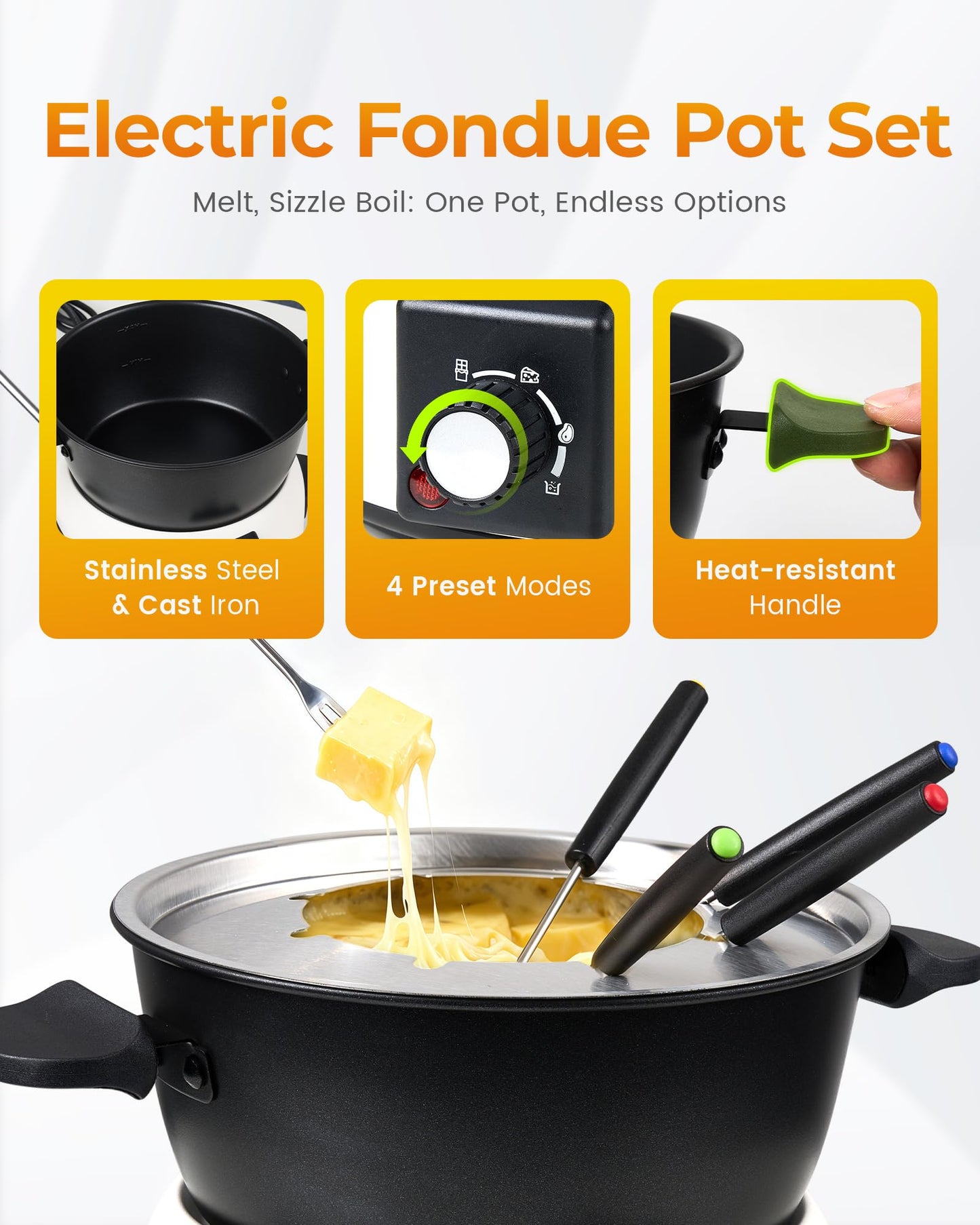 Saenchue 3-Quart Electric Fondue Pot Set – Stainless Steel Fondue Pot with 8 Color-Coded Forks, 3-Mode Adjustable Temperature Control for Cheese, Chocolate, Oil, and Hotpot, Model FD-10B
