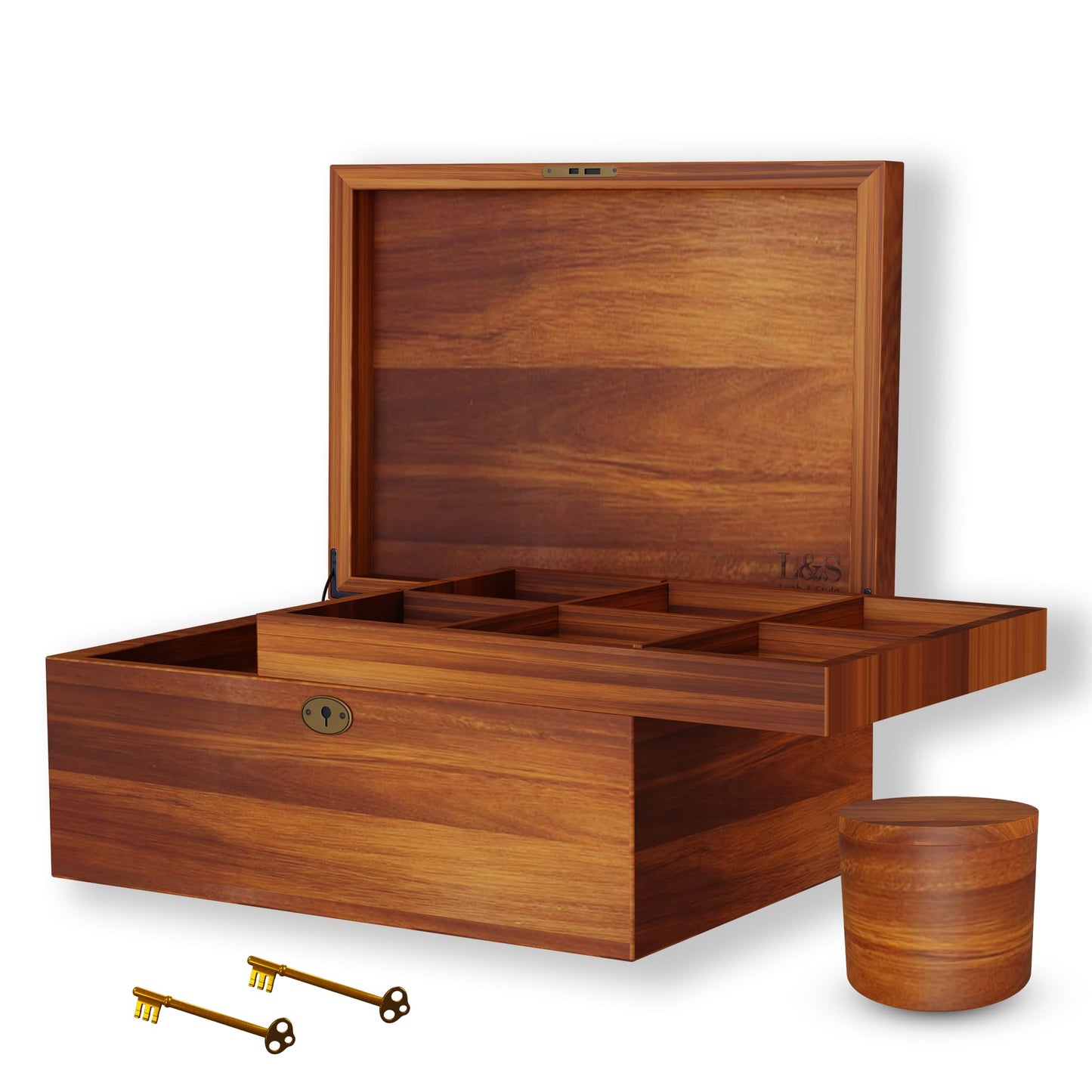 LUSH & STYLE Acacia Wooden Box, Keepsake With Hinged lid and locking keys, Decorative, Memory, Wooden Storage Boxes, Customizable With Adjustable Tray,keepsake trunk (Divider Model) Large 11x9x5 Inch